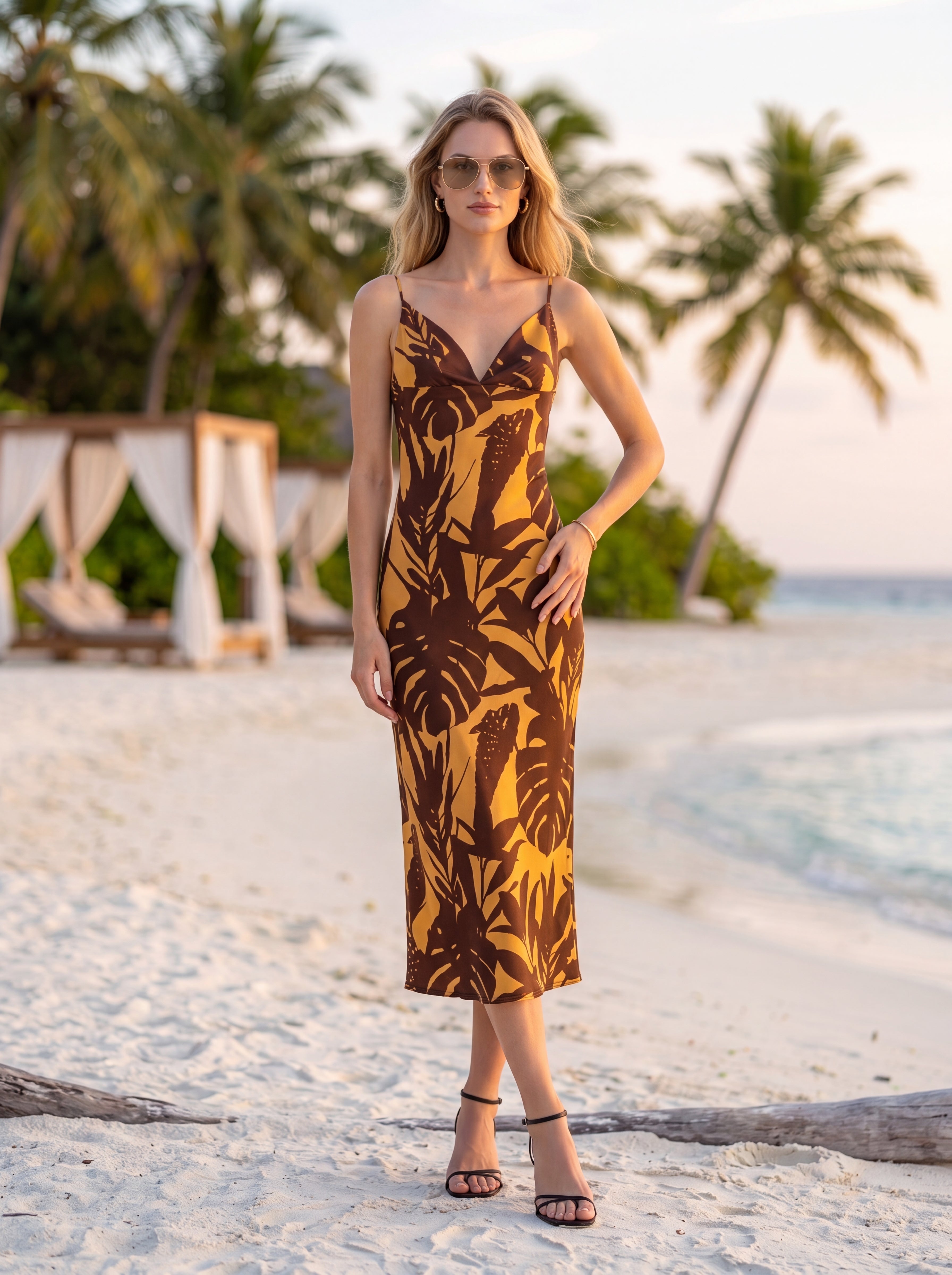 Women's Tropical Print Midi Dress | Premium European Cowl Neck Slip Dress