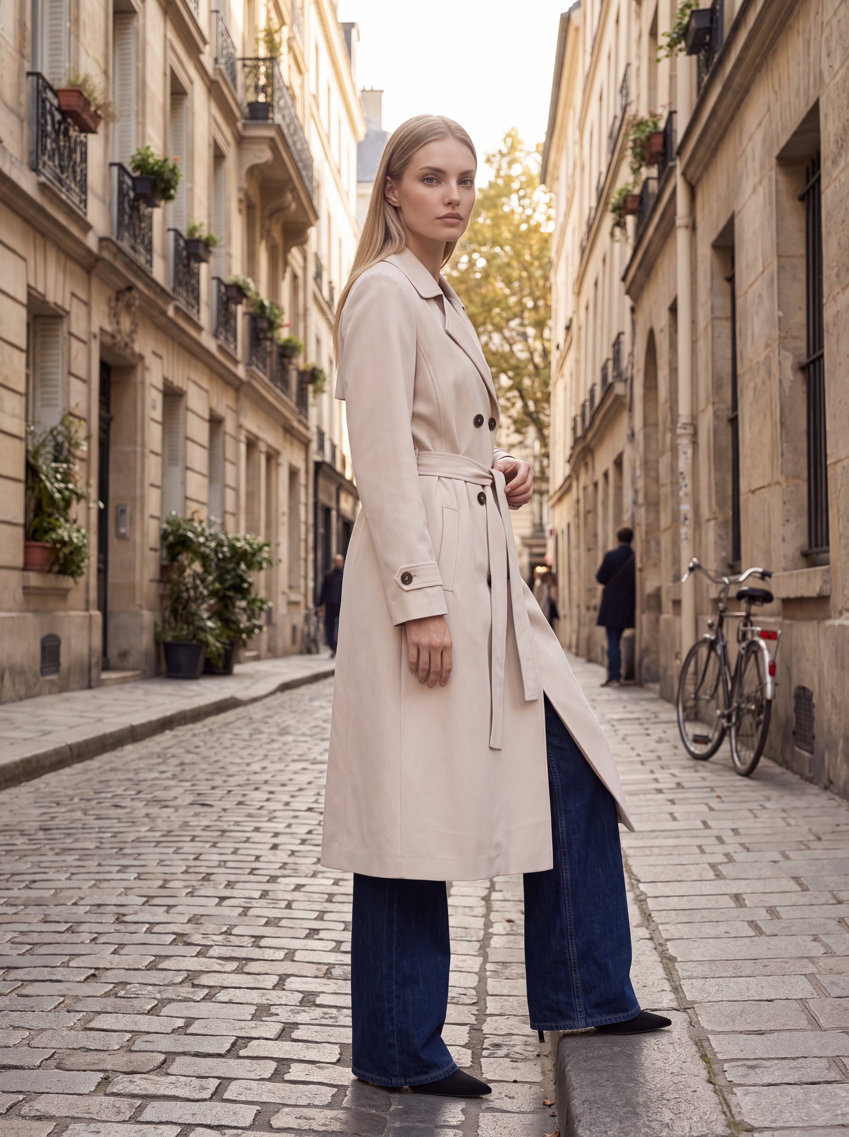 Women's Double-Breasted Belted Trench Blazer – Beige