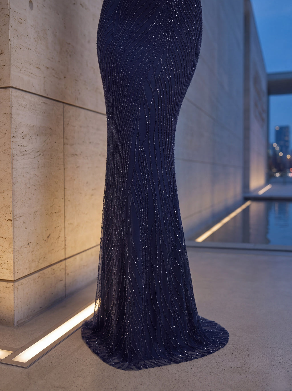 Midnight Blue Embellished Mermaid Evening Gown