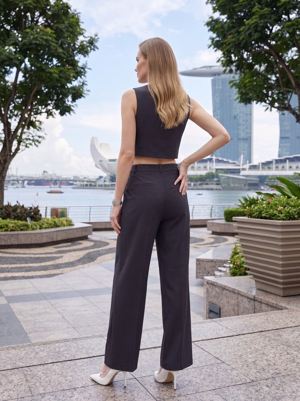 Women's Charcoal High-Waisted Straight-Leg Tailored Trousers – Premium European Formal Office Pants