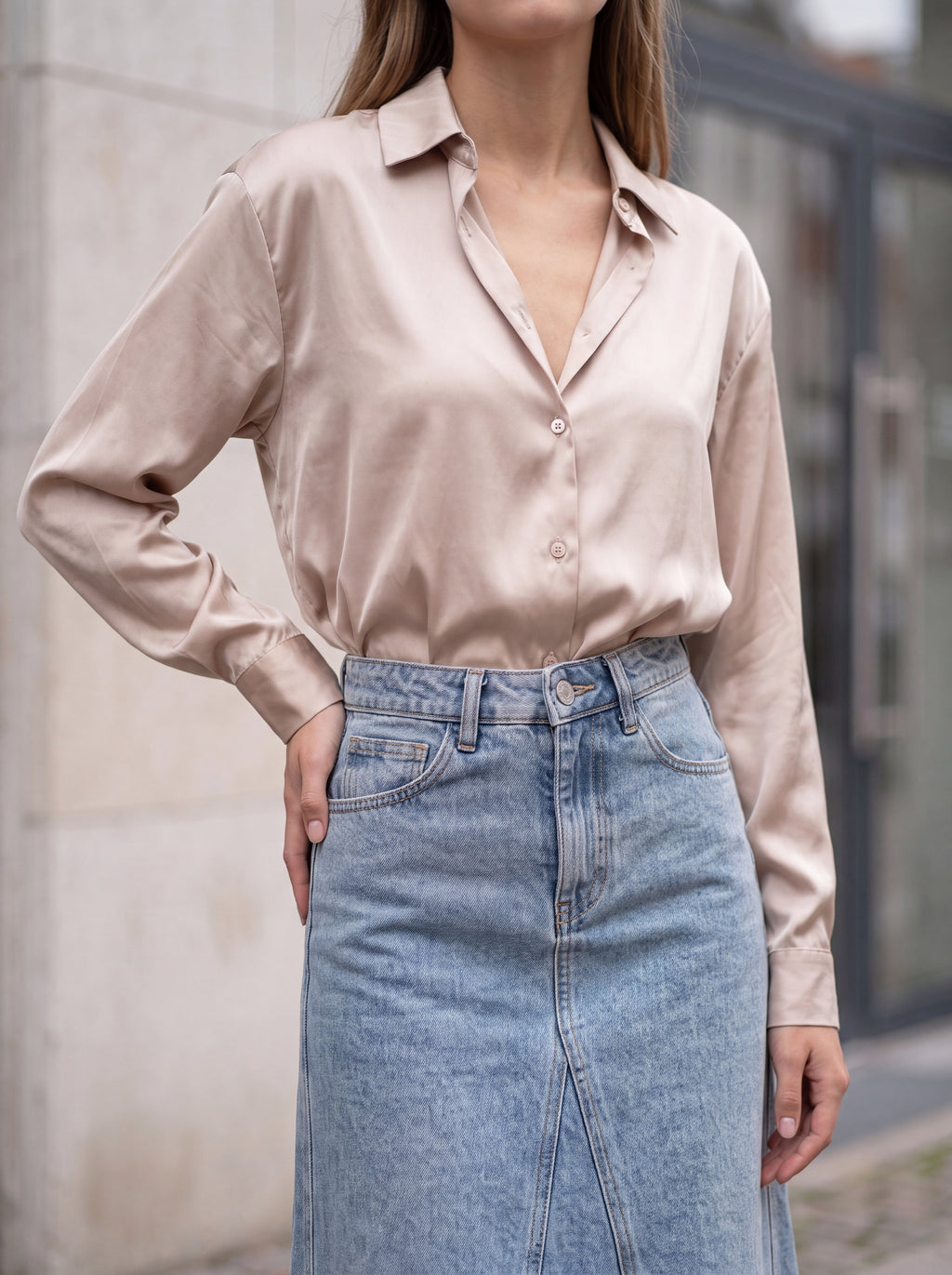 Women's Champagne Satin Shirt | Premium European Long Sleeve Designer Shirt
