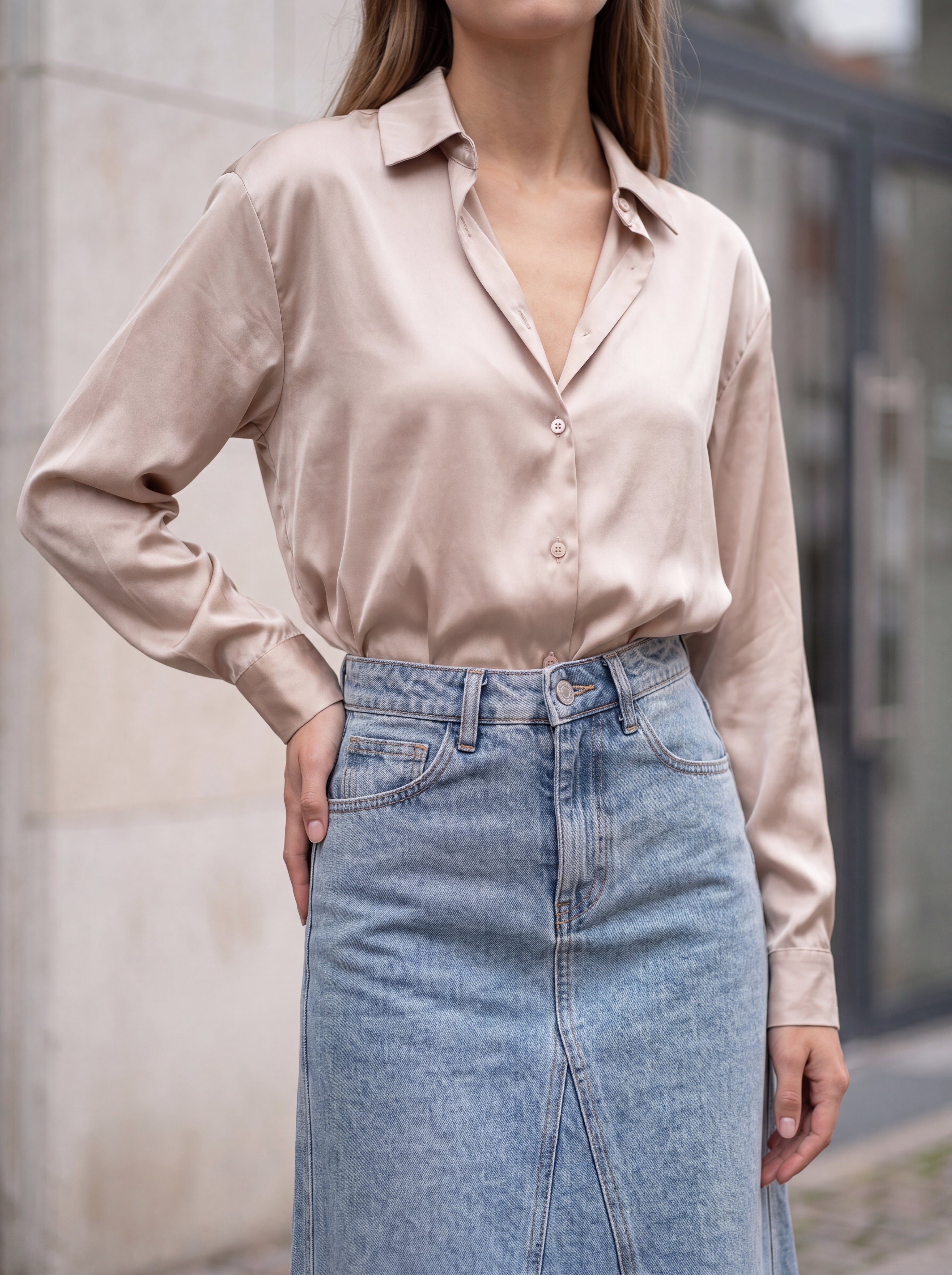 Women's Champagne Satin Shirt | Premium European Long Sleeve Designer Shirt