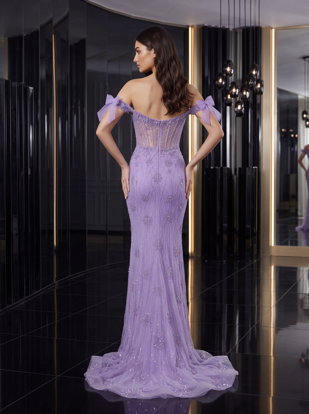 Lavender Embellished Off-Shoulder Mermaid Evening Gown