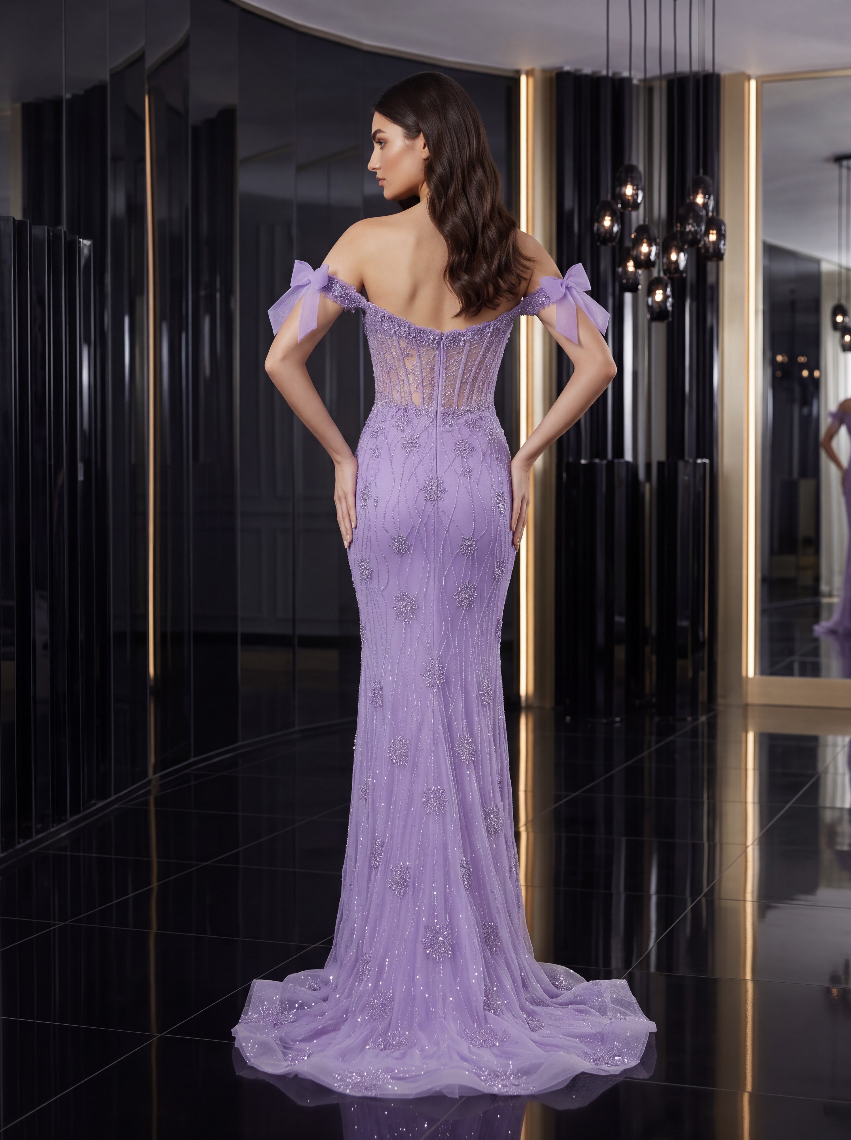 Lavender Embellished Off-Shoulder Mermaid Evening Gown