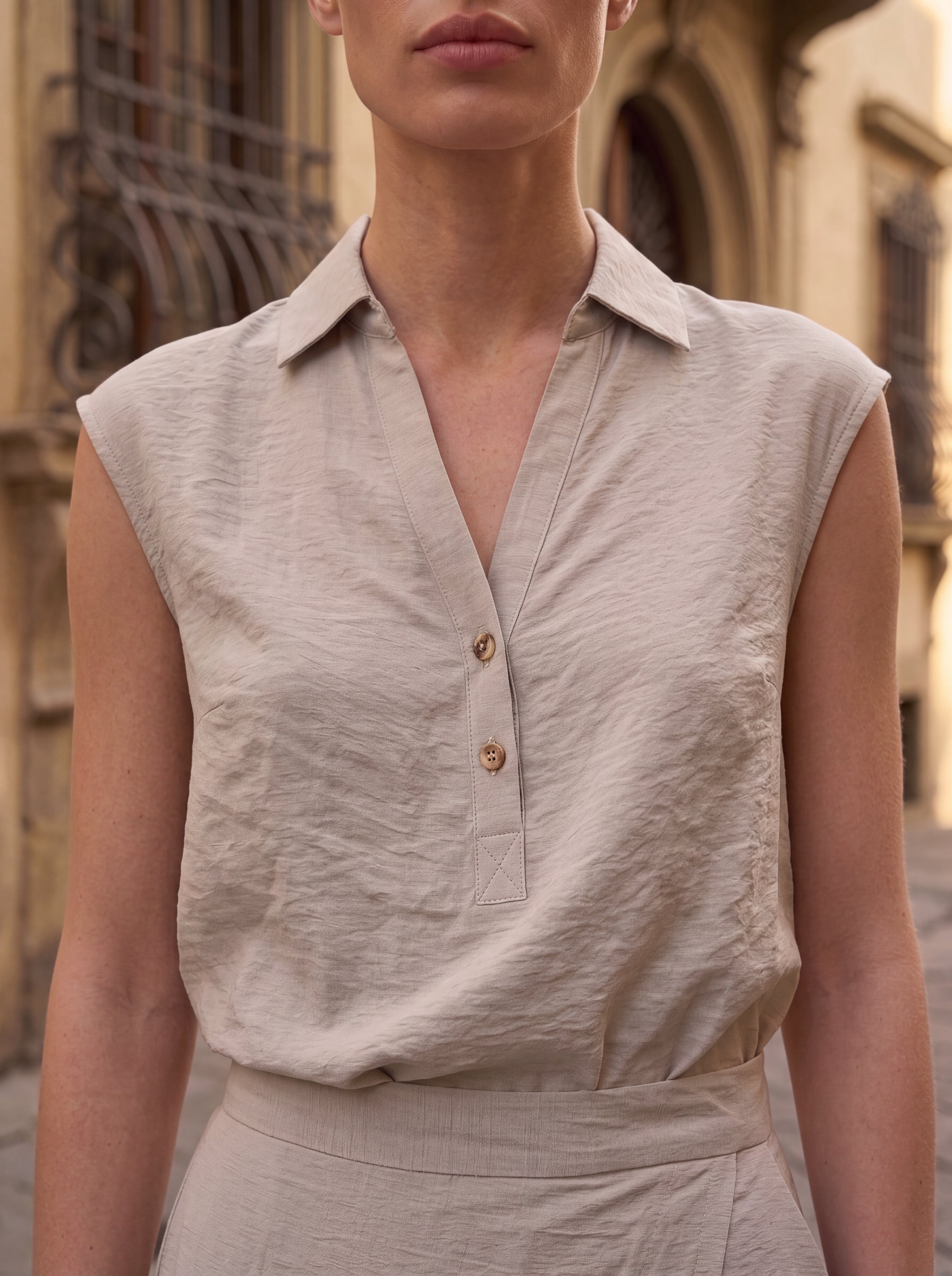 Women's Beige Sleeveless Collared V-Neck Blouse – Minimalist European Elegant Top