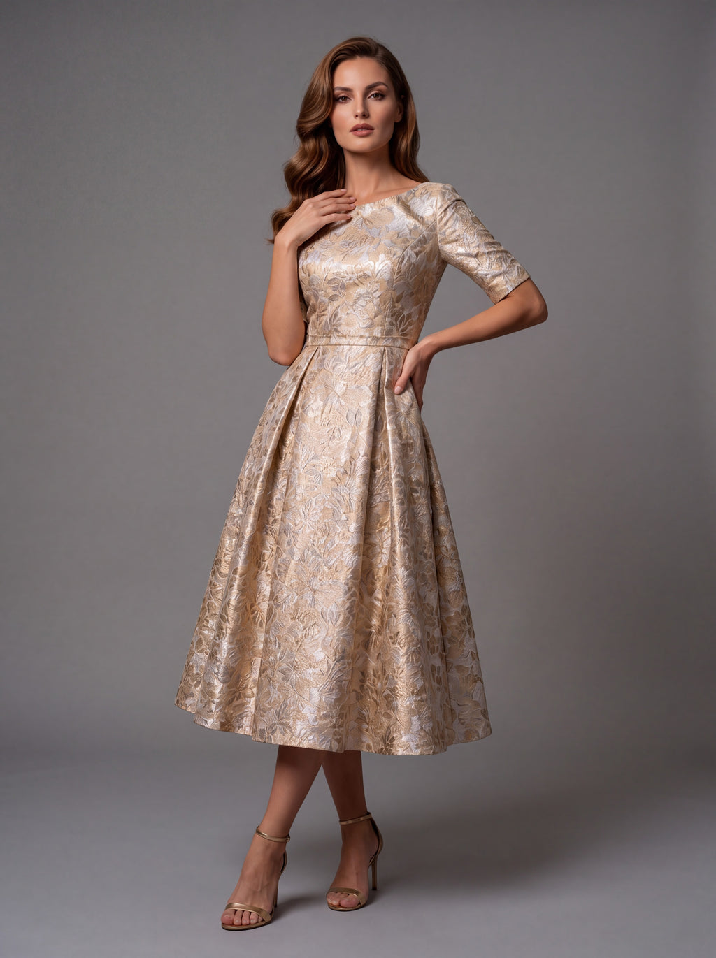 Champagne Floral Jacquard Midi Dress