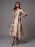 Champagne Floral Jacquard Midi Dress