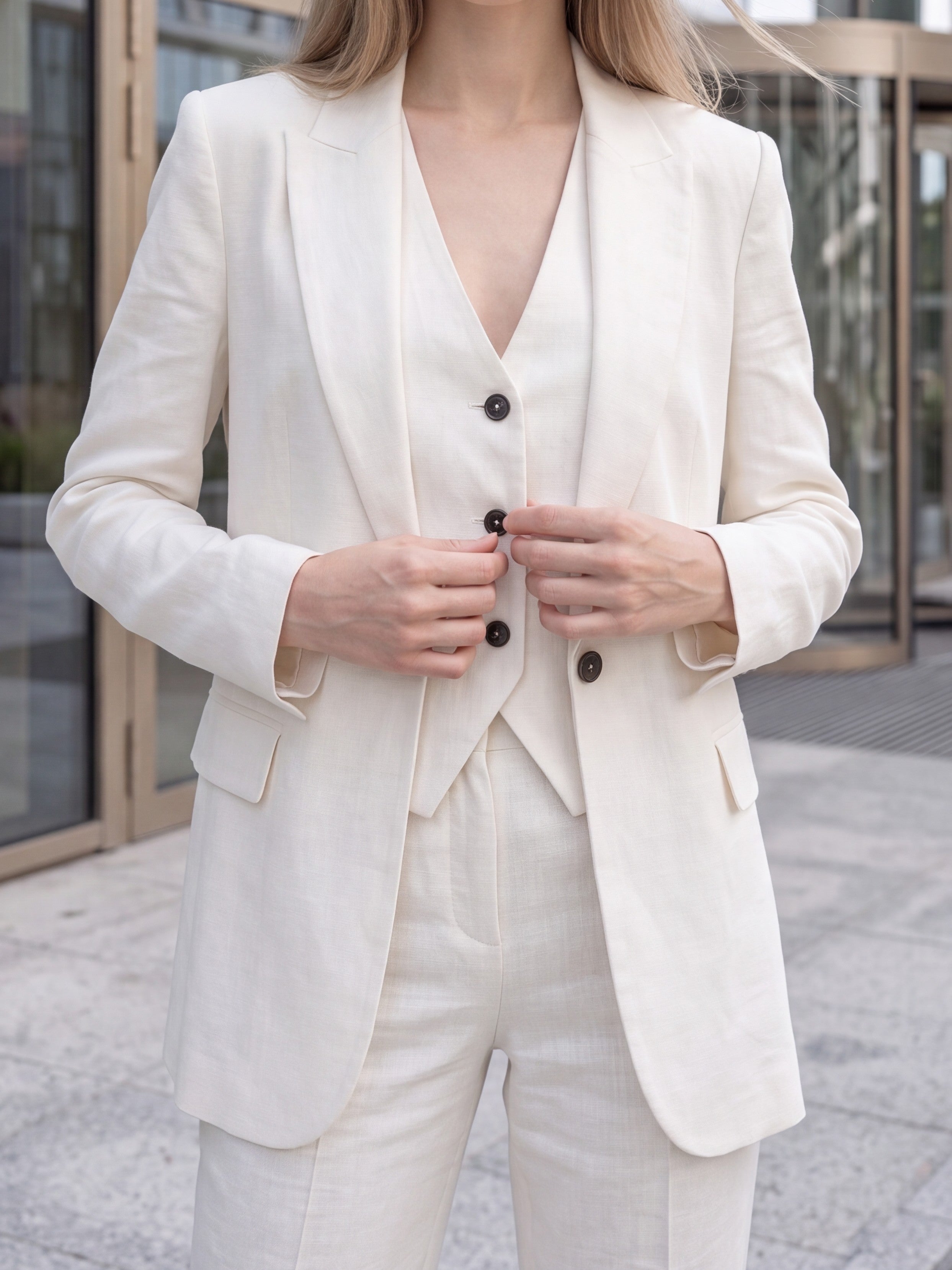 Women's Ivory Tailored Waistcoat – Premium European Linen Blend Vest Top