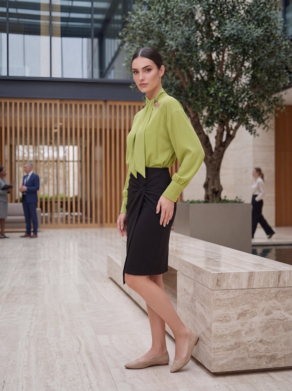Woman's Sage Green Tie-Neck Blouse | Premium European Women's Elegant Top