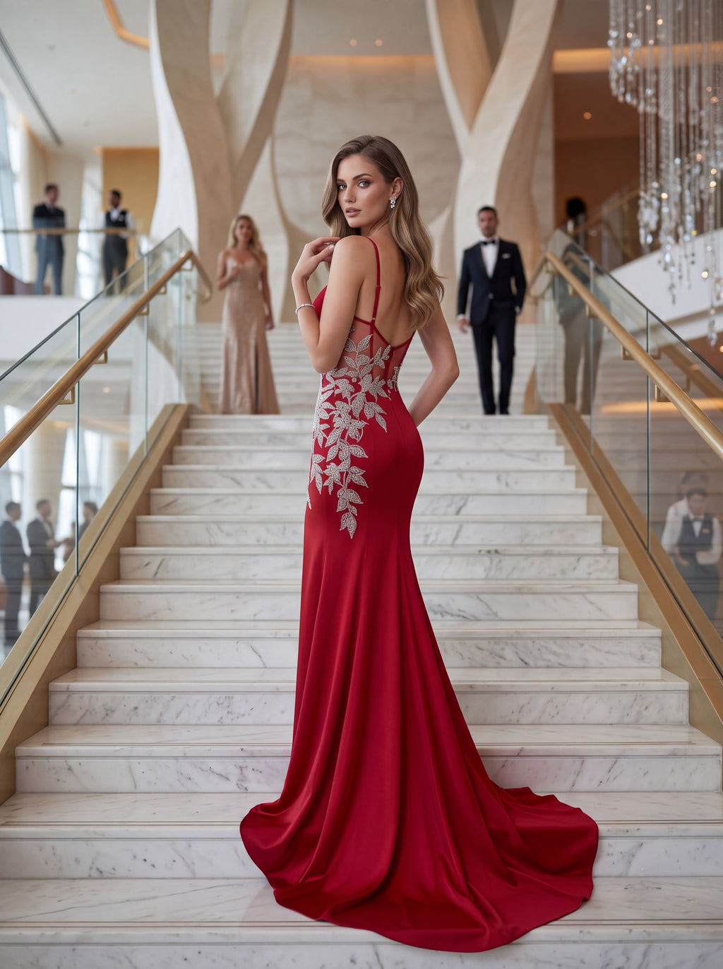 Ruby Red Satin Evening Gown