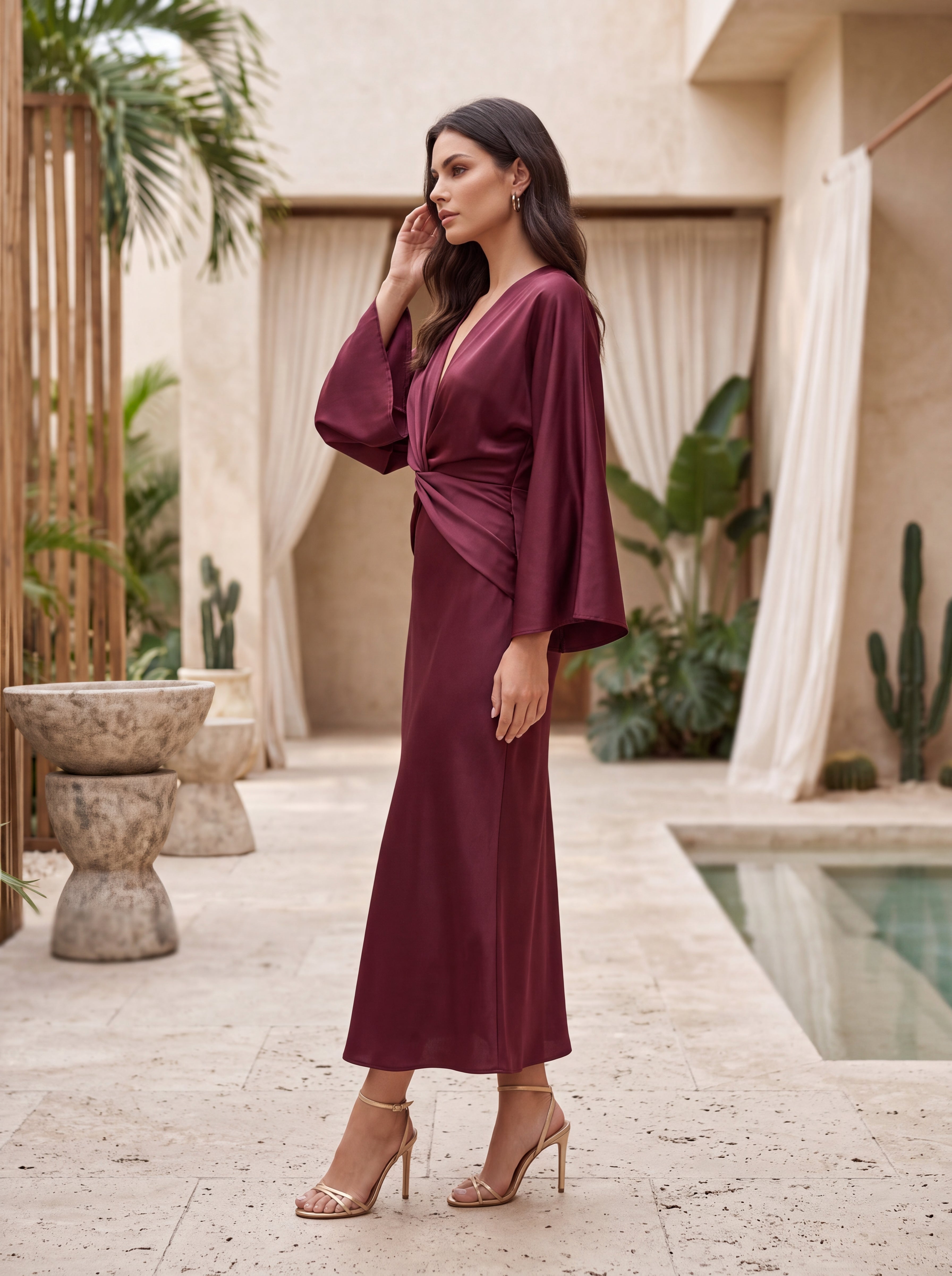 Women's Satin Twist Waist Midi Dress | Premium European Evening Dress