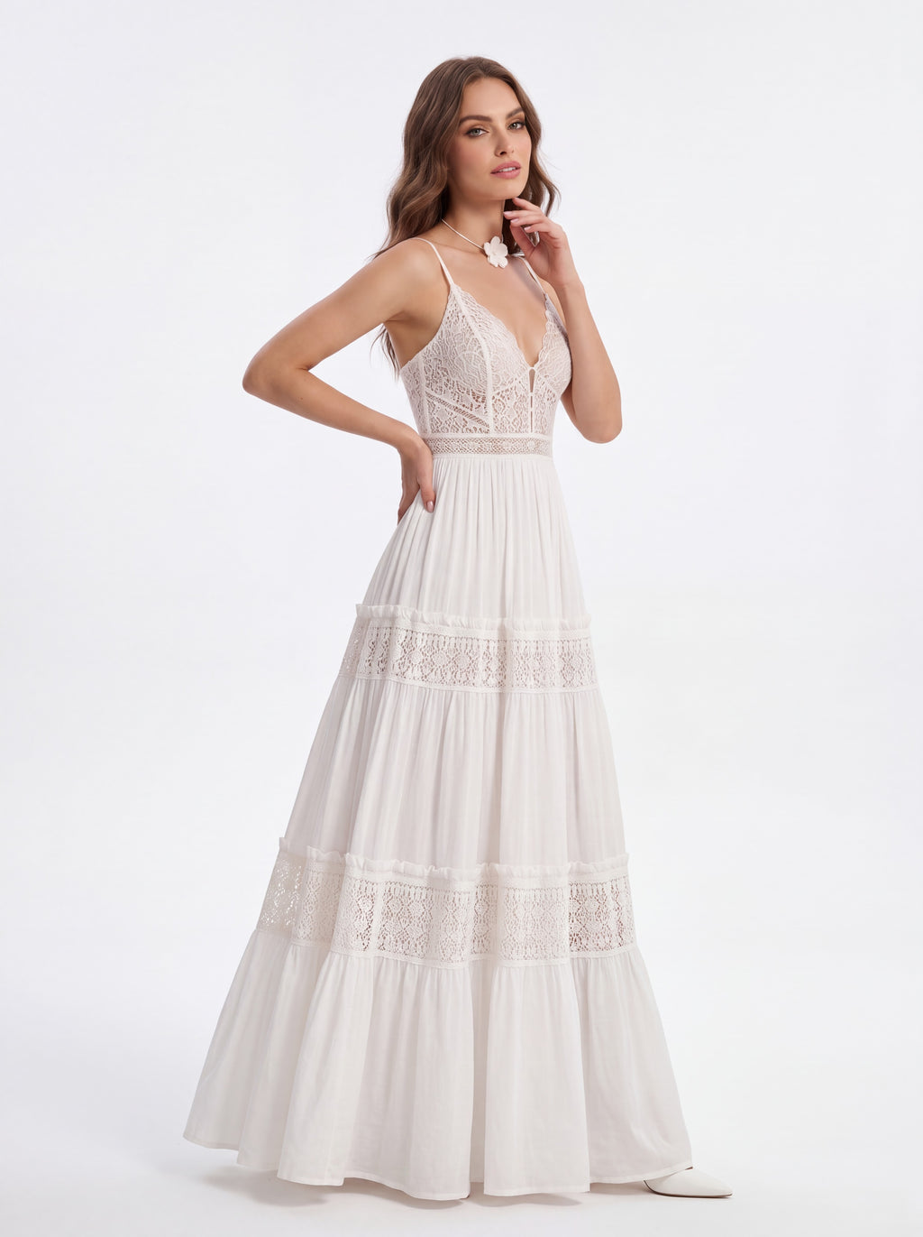 White Lace Tiered Maxi Dress