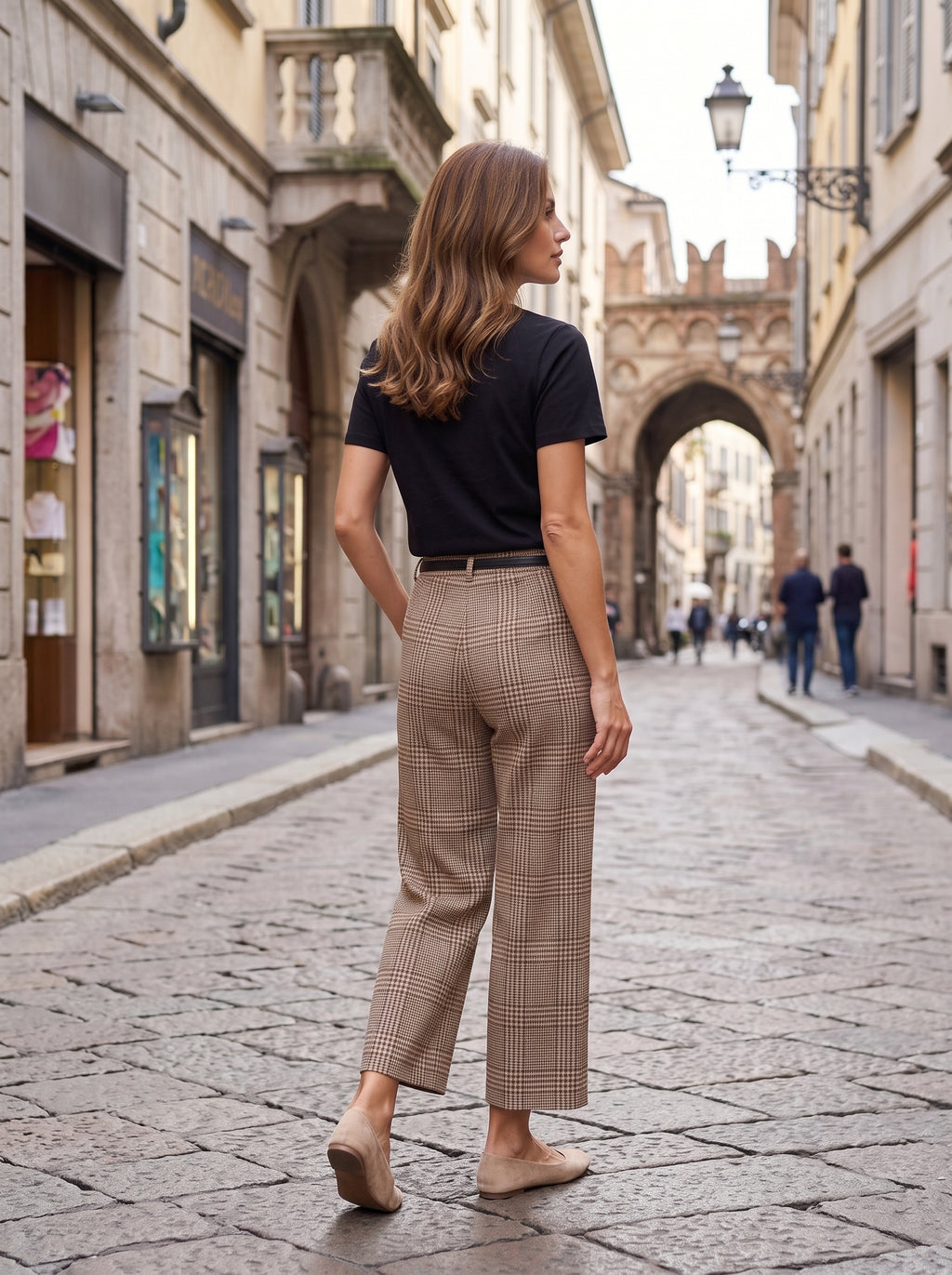Women's Brown Check High-Waisted Cropped Wide-Leg Trousers – Premium European Plaid Tailored Pants