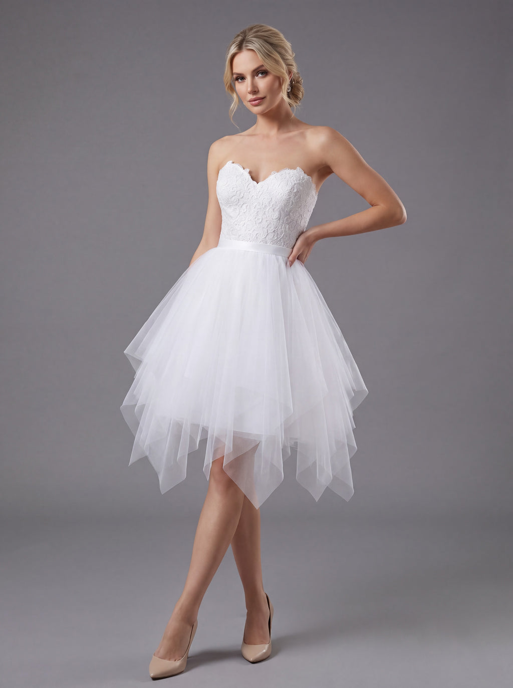 White Strapless Lace Tulle Cocktail Dress