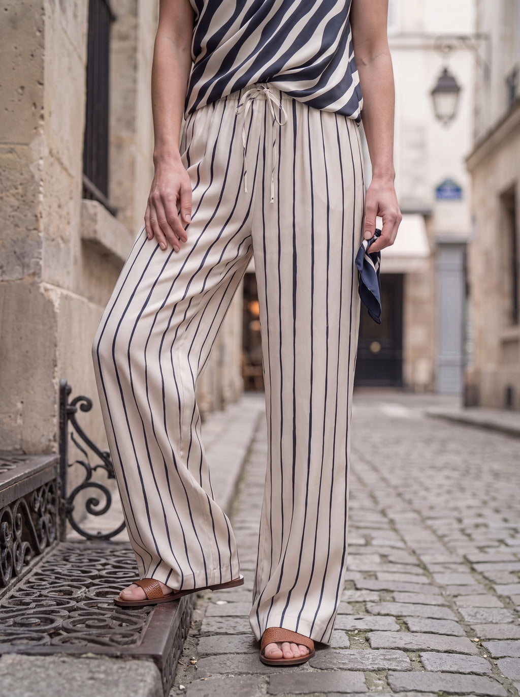 Women's Beige Striped Drawstring Wide Leg Lounge Pants – Premium European Relaxed Trousers