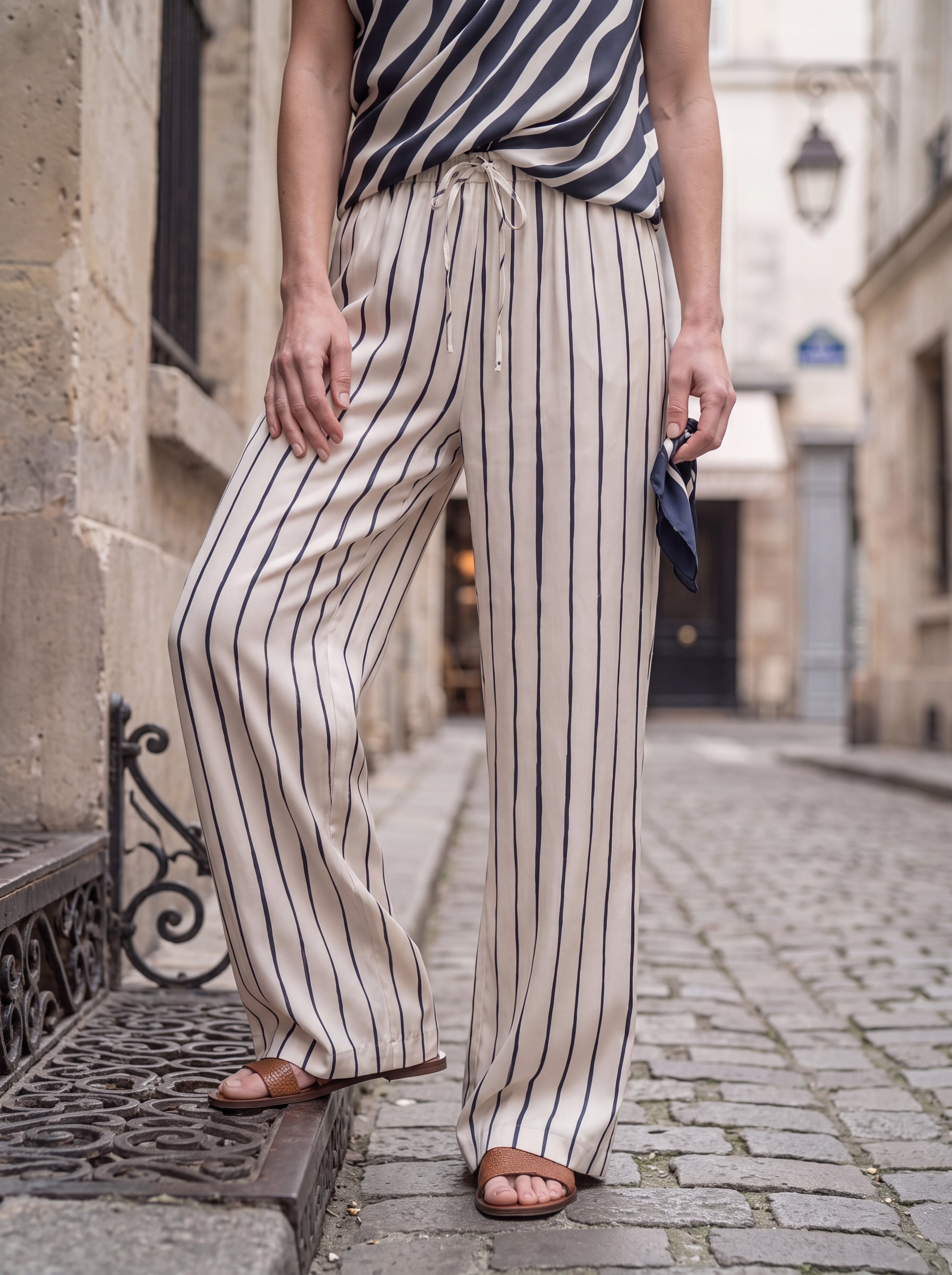 Women's Beige Striped Drawstring Wide Leg Lounge Pants – Premium European Relaxed Trousers