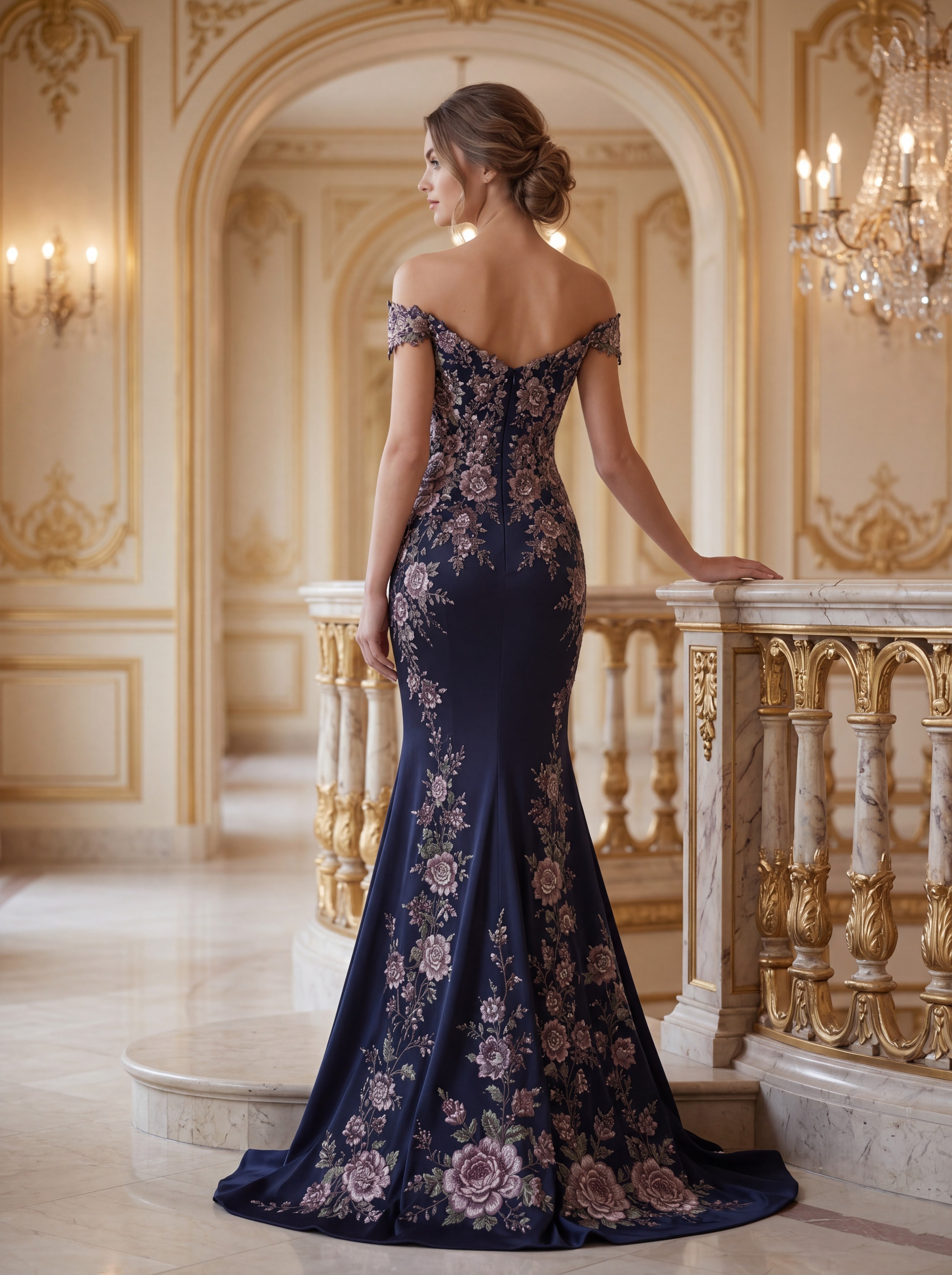 Navy Blue Floral Embroidered Mermaid Evening Gown
