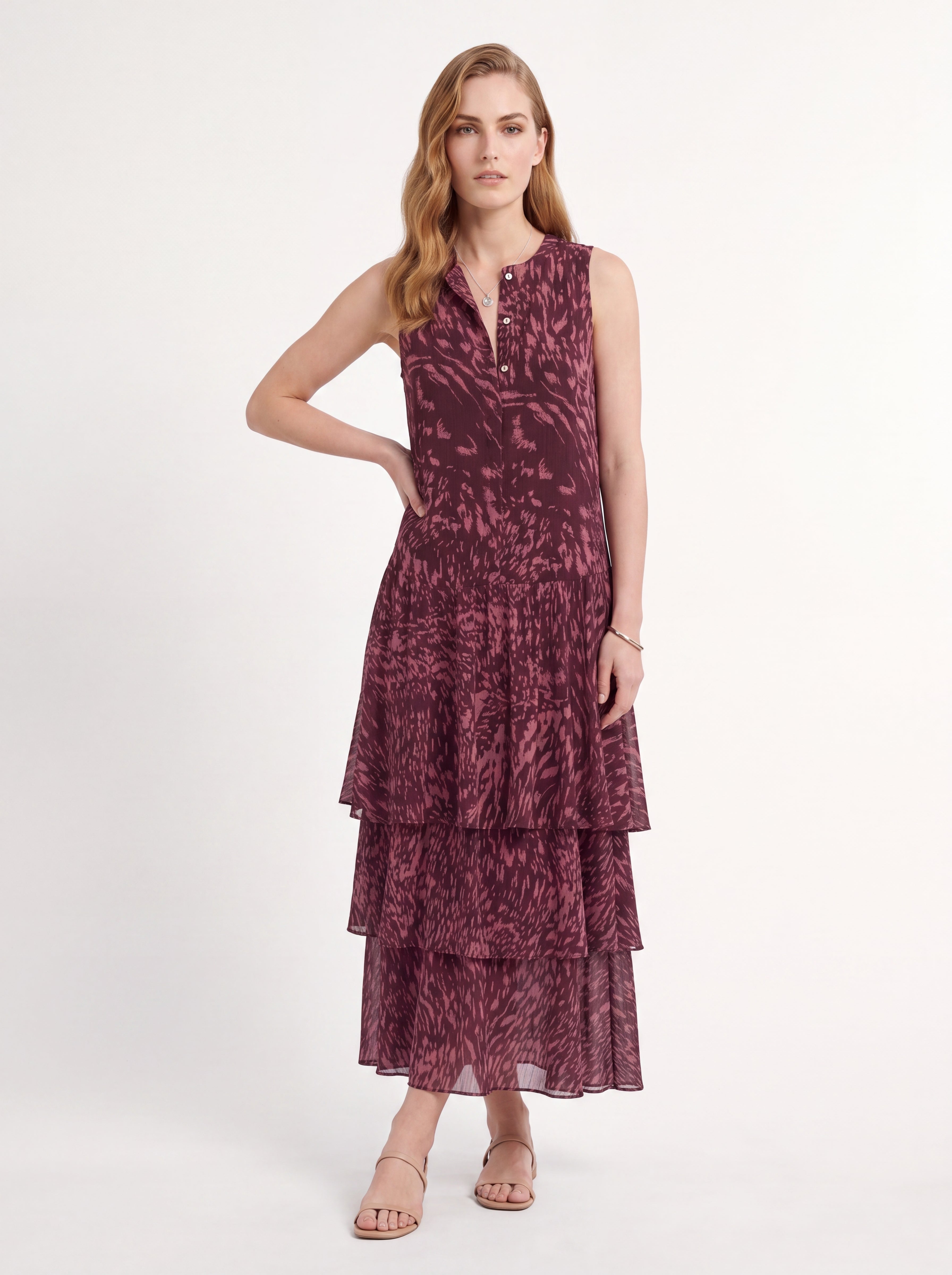 Women's Printed Tiered Sleeveless Midi Dress – Burgundy