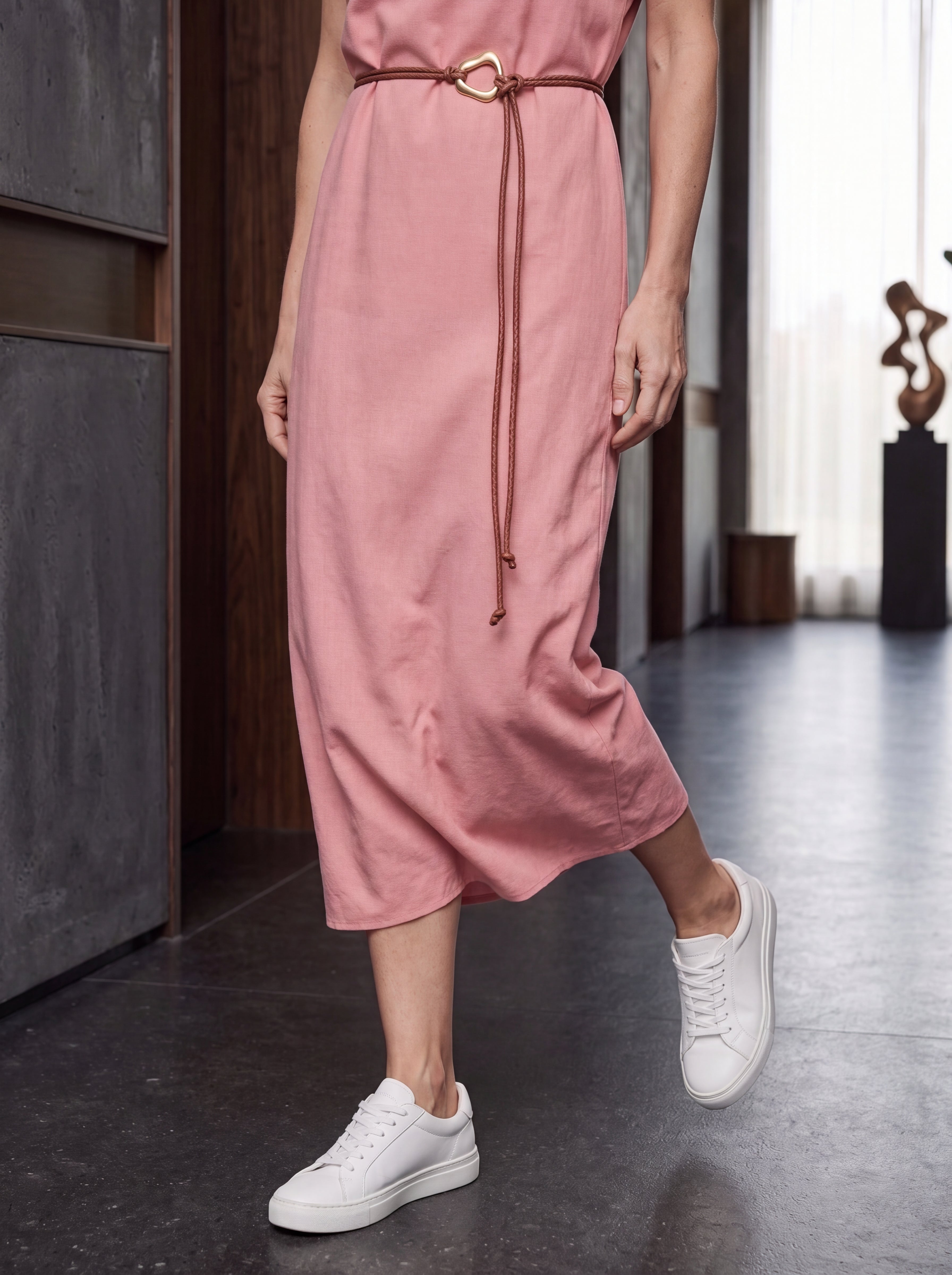 Women's Minimalist Belted Midi Dress – Blush Pink