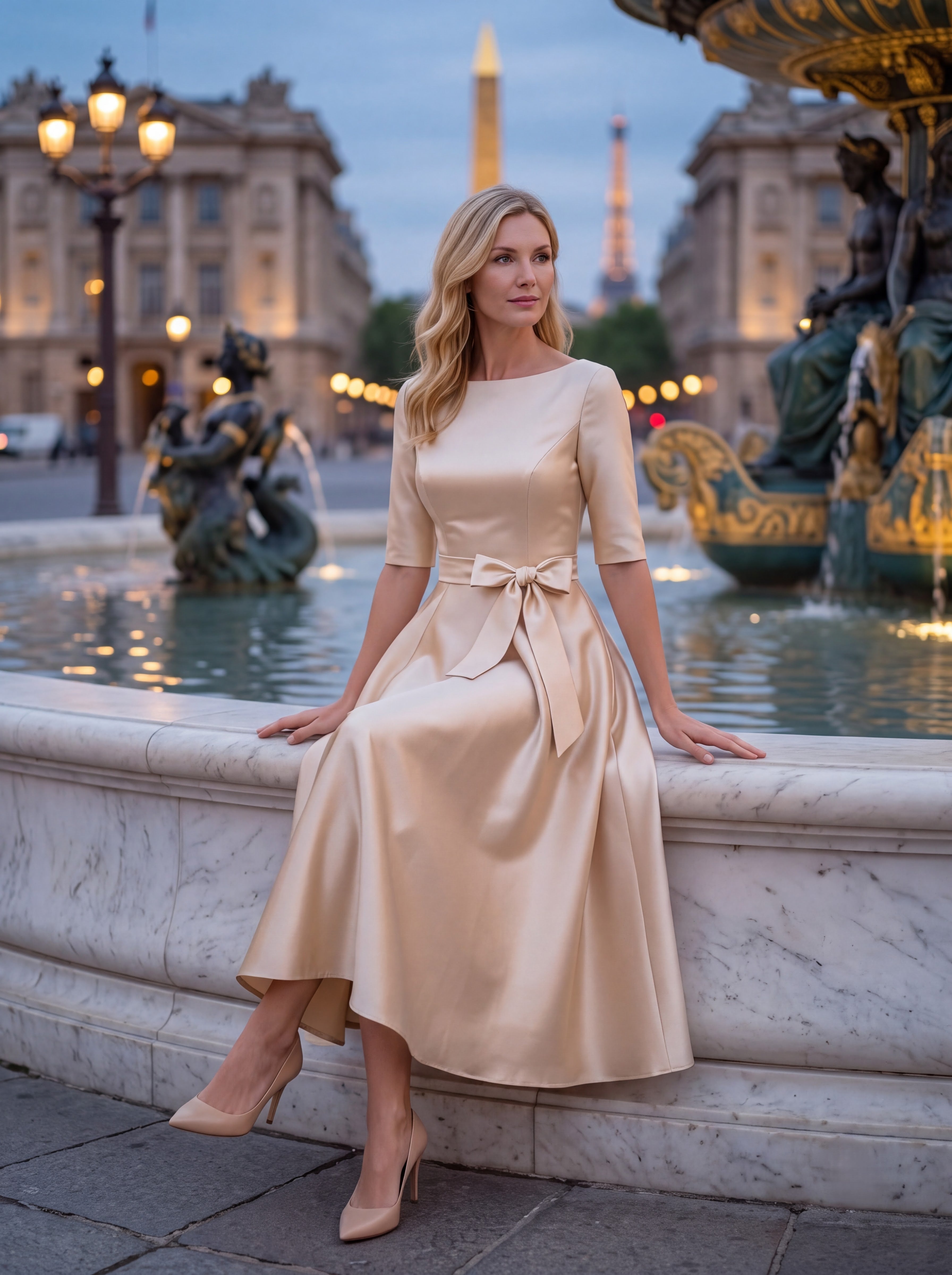 Champagne Satin A-Line Midi Dress