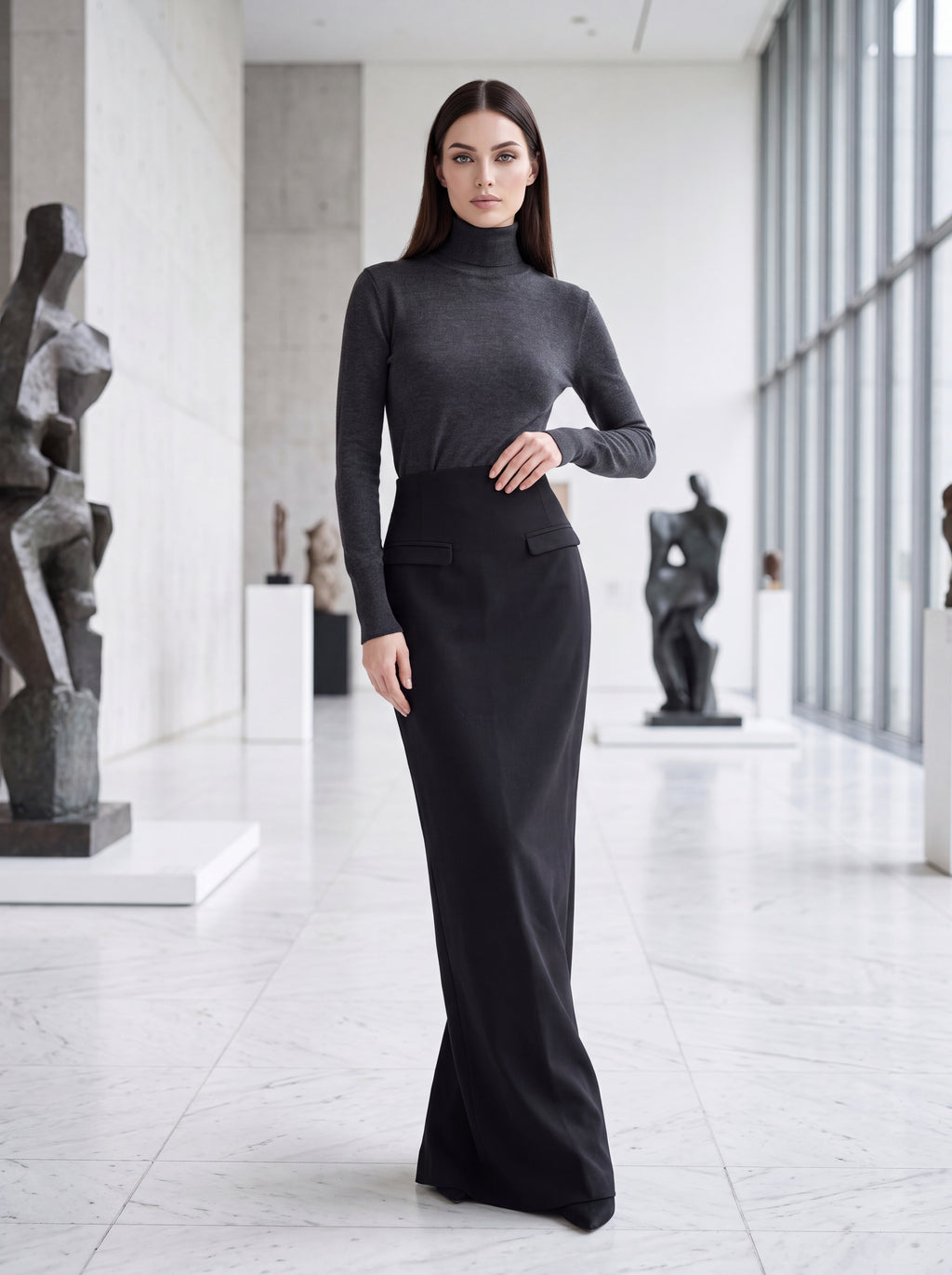 Women's Black High-Waisted Maxi Pencil Skirt