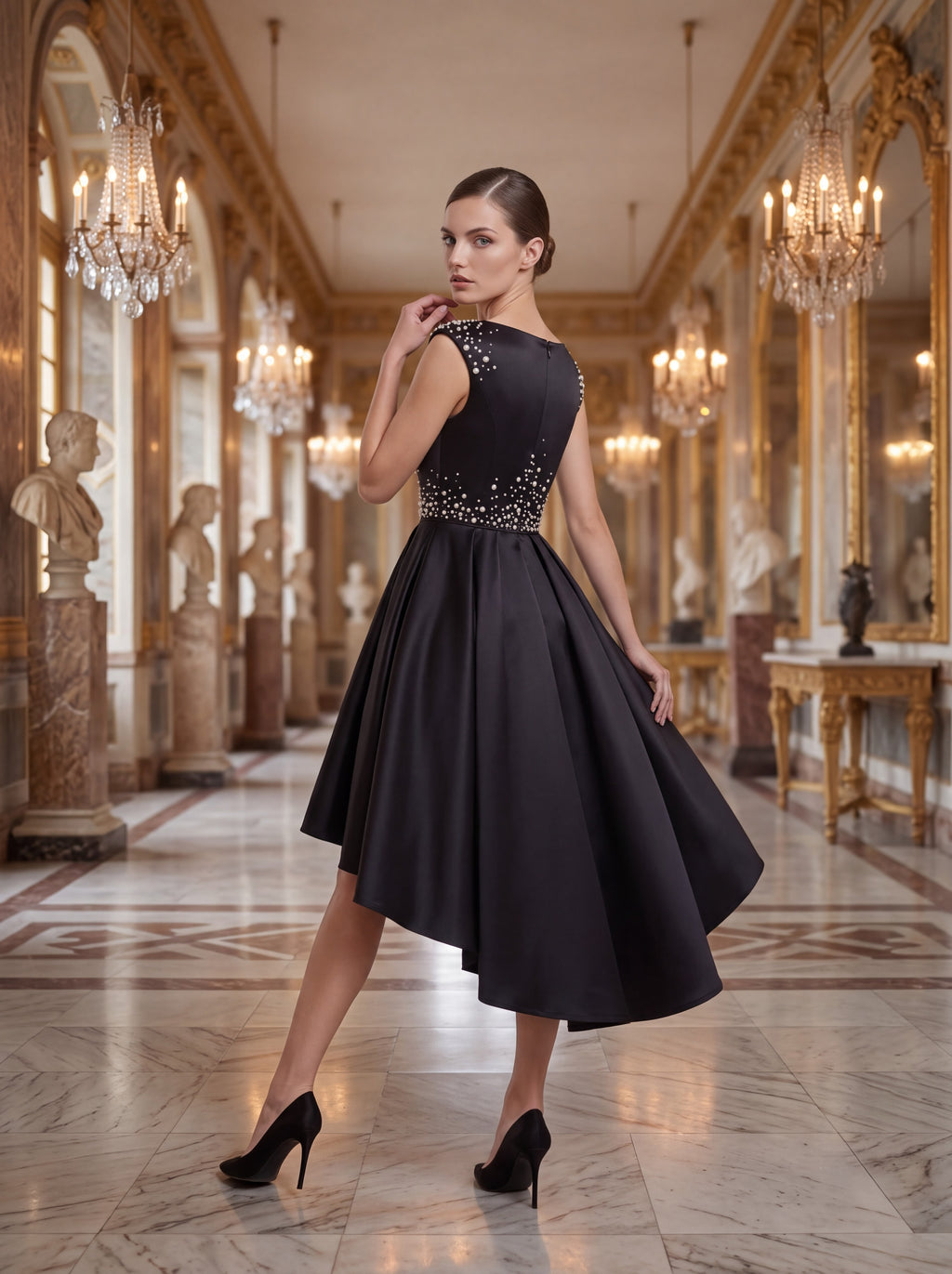 Black Embellished High-Low Satin Dress