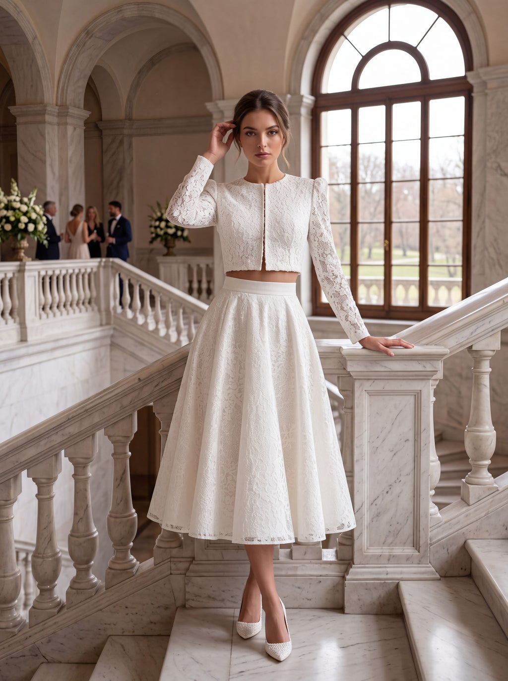 Ivory Lace Two-Piece Midi Dress Set