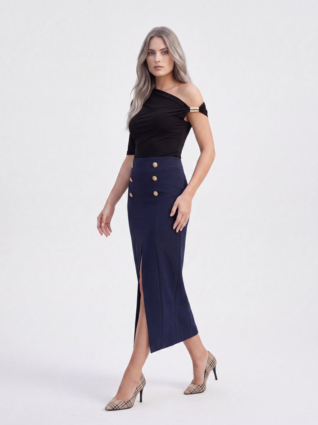 Women's Navy Gold Button Midi Skirt | Premium European Women's Elegant Pencil Skirt