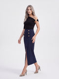 Women's Navy Gold Button Midi Skirt | Premium European Women's Elegant Pencil Skirt