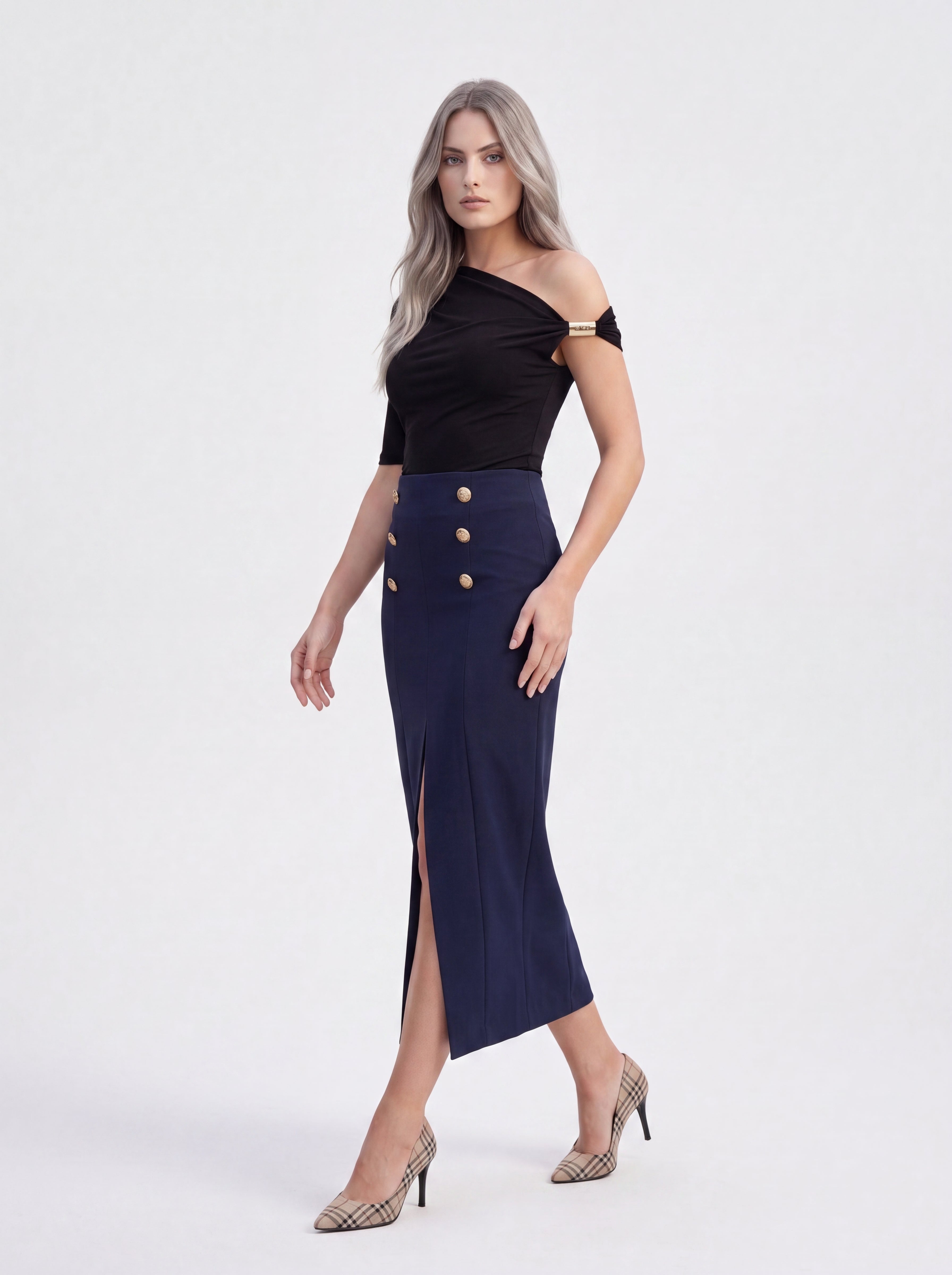 Women's Navy Gold Button Midi Skirt | Premium European Women's Elegant Pencil Skirt