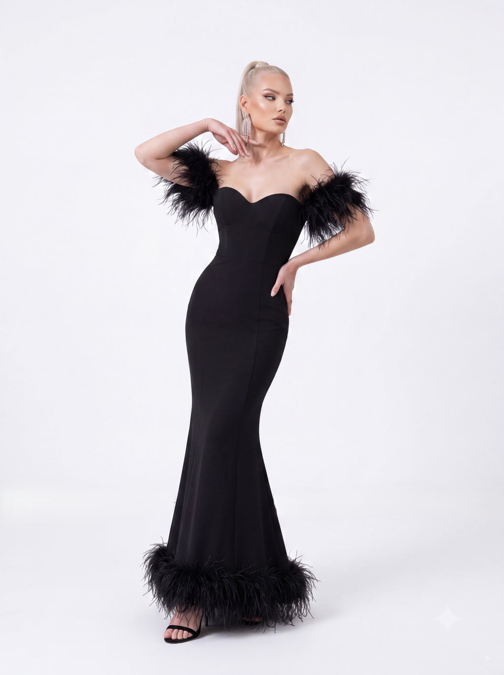 Black Feather Trim Mermaid Evening Gown