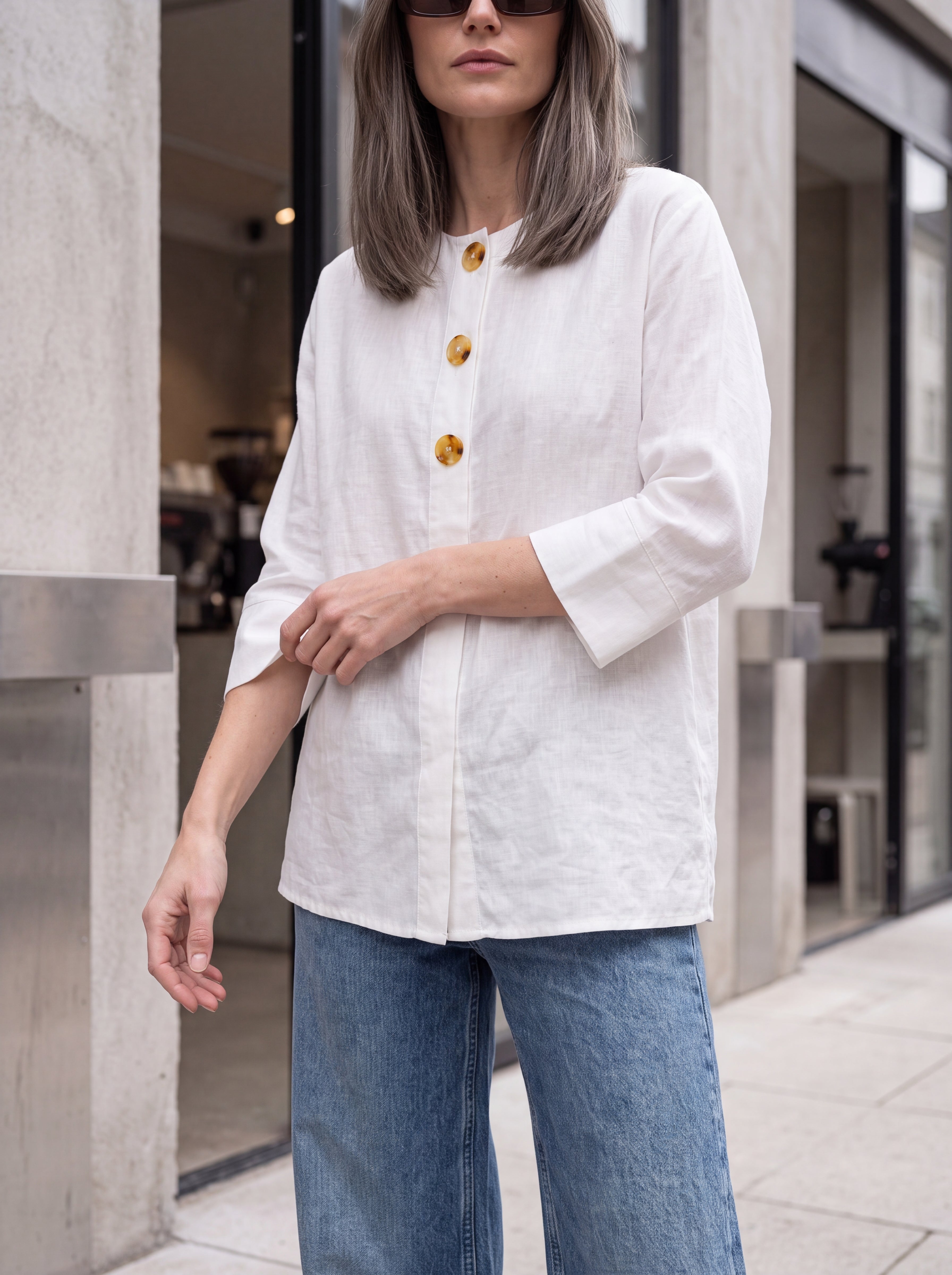 Women's White Linen Button Detail Top | Premium Relaxed Casual Blouse