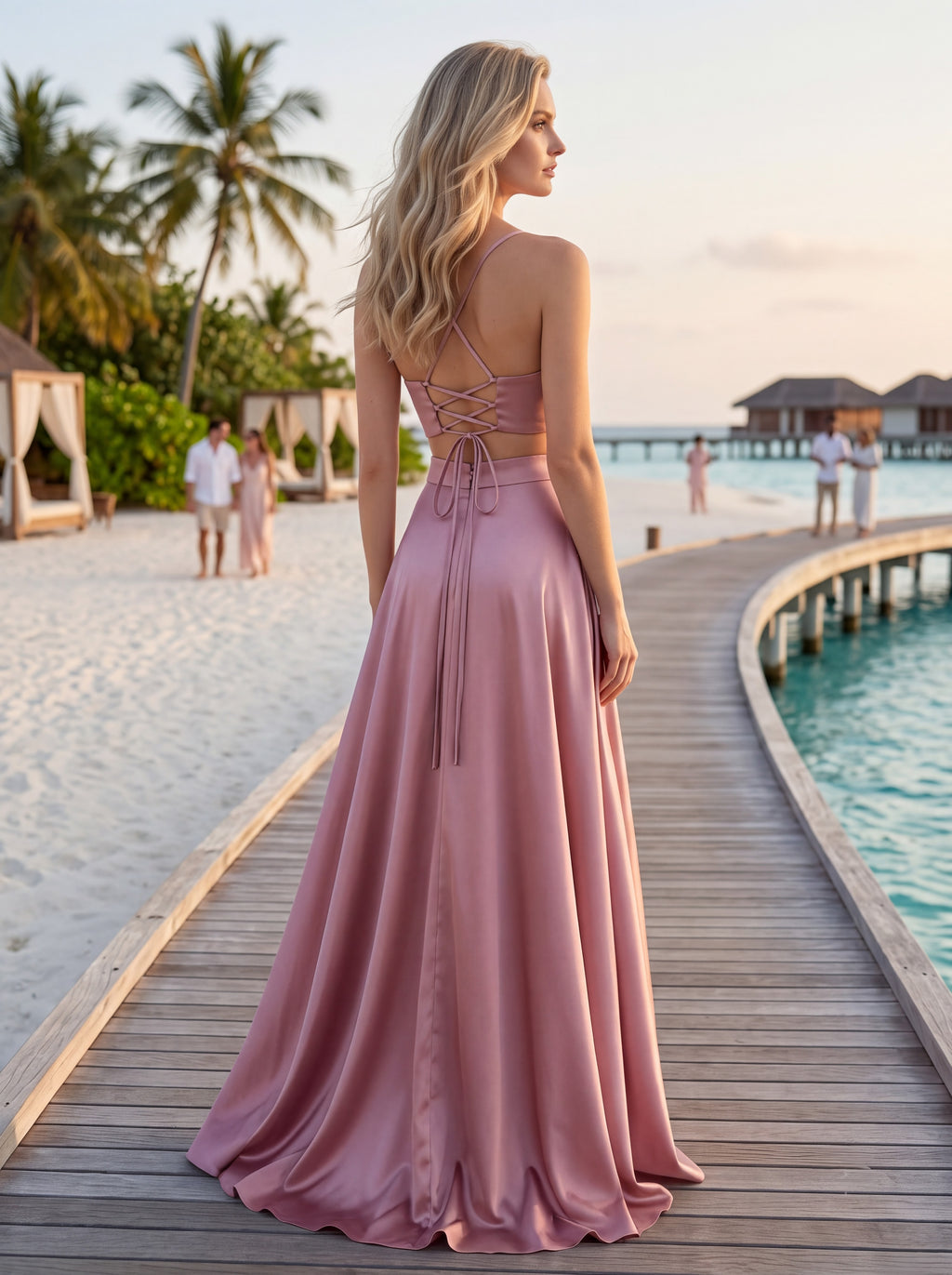 Dusty Rose Satin A-Line Evening Gown
