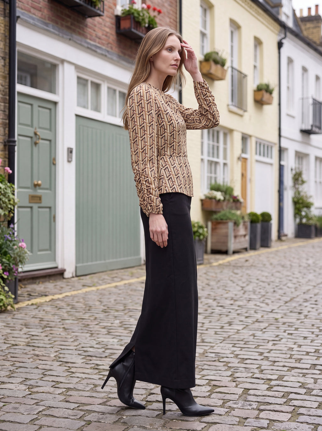 Women's Geometric Print High Neck Blouse | Elegant Long Sleeve Statement Top