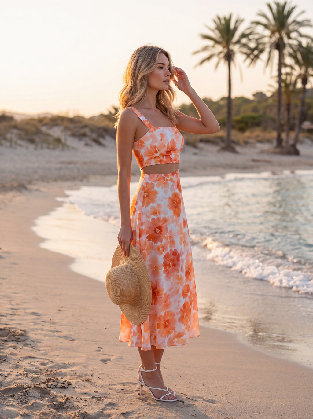 Orange Floral Cut-Out Midi Dress