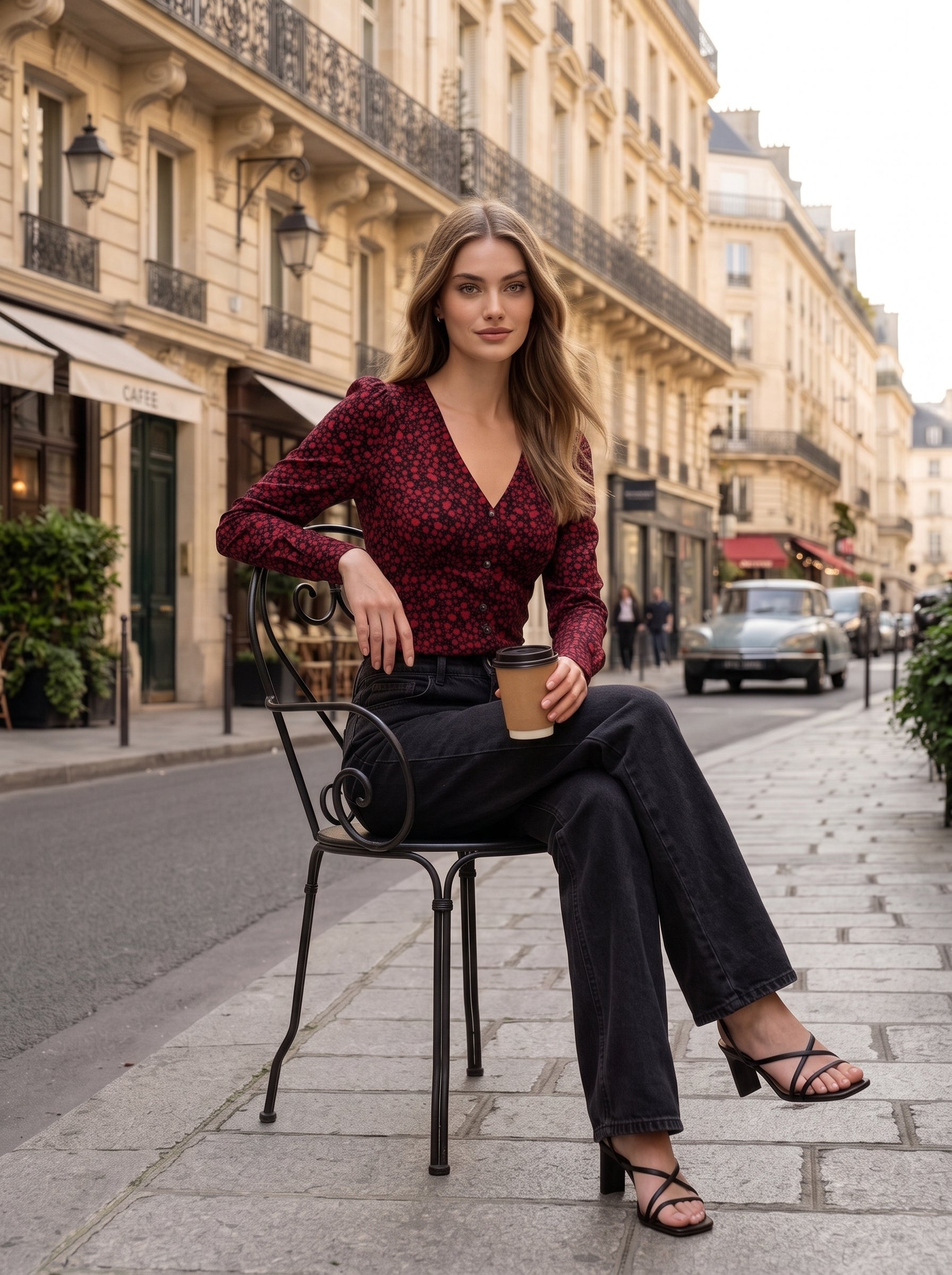 Women's Burgundy Floral V-Neck Long Sleeve Top | Premium European Fitted Blouse