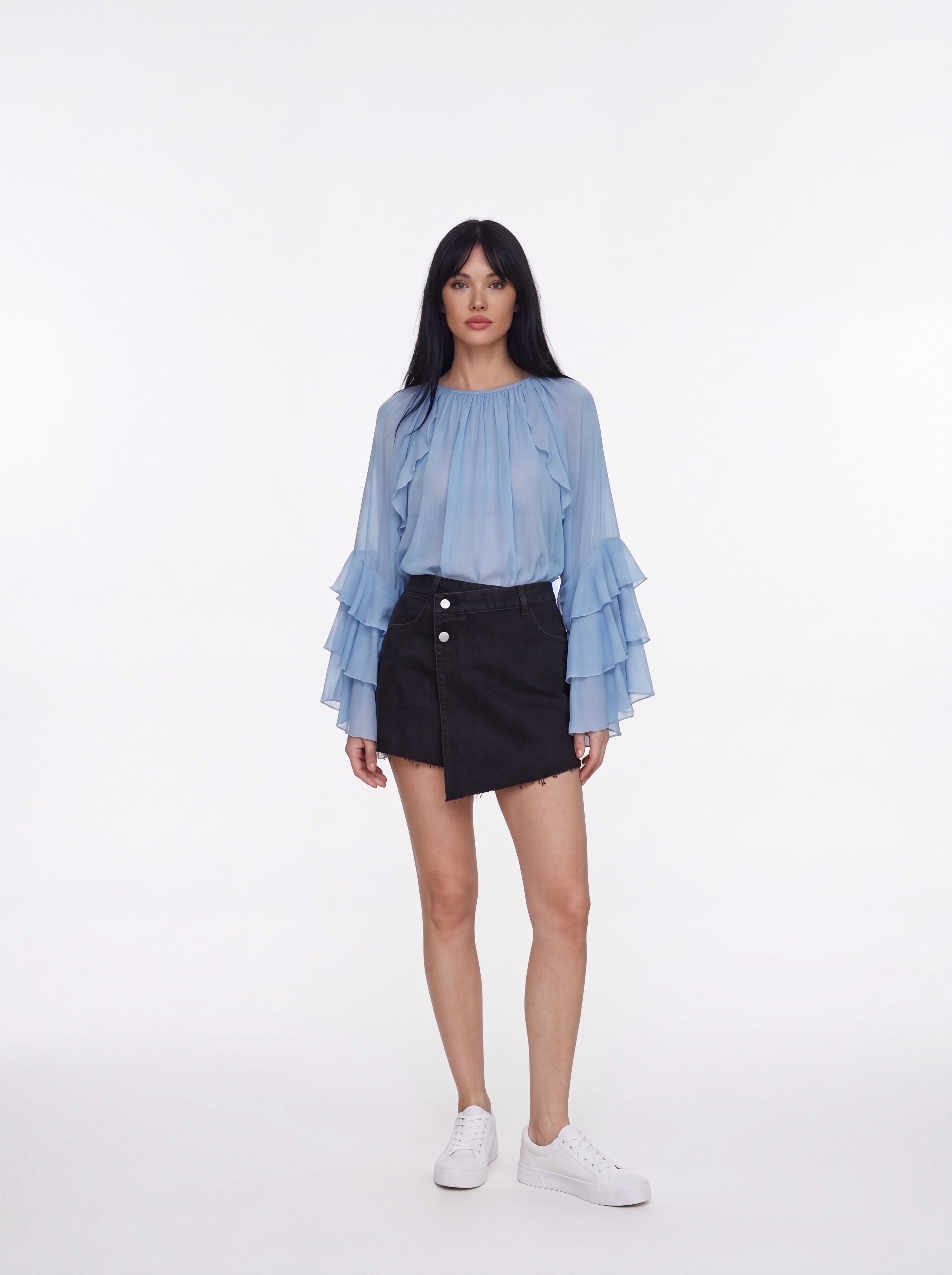Women's Sky Blue Ruffle Sleeve Blouse | Premium European Women's Elegant Top