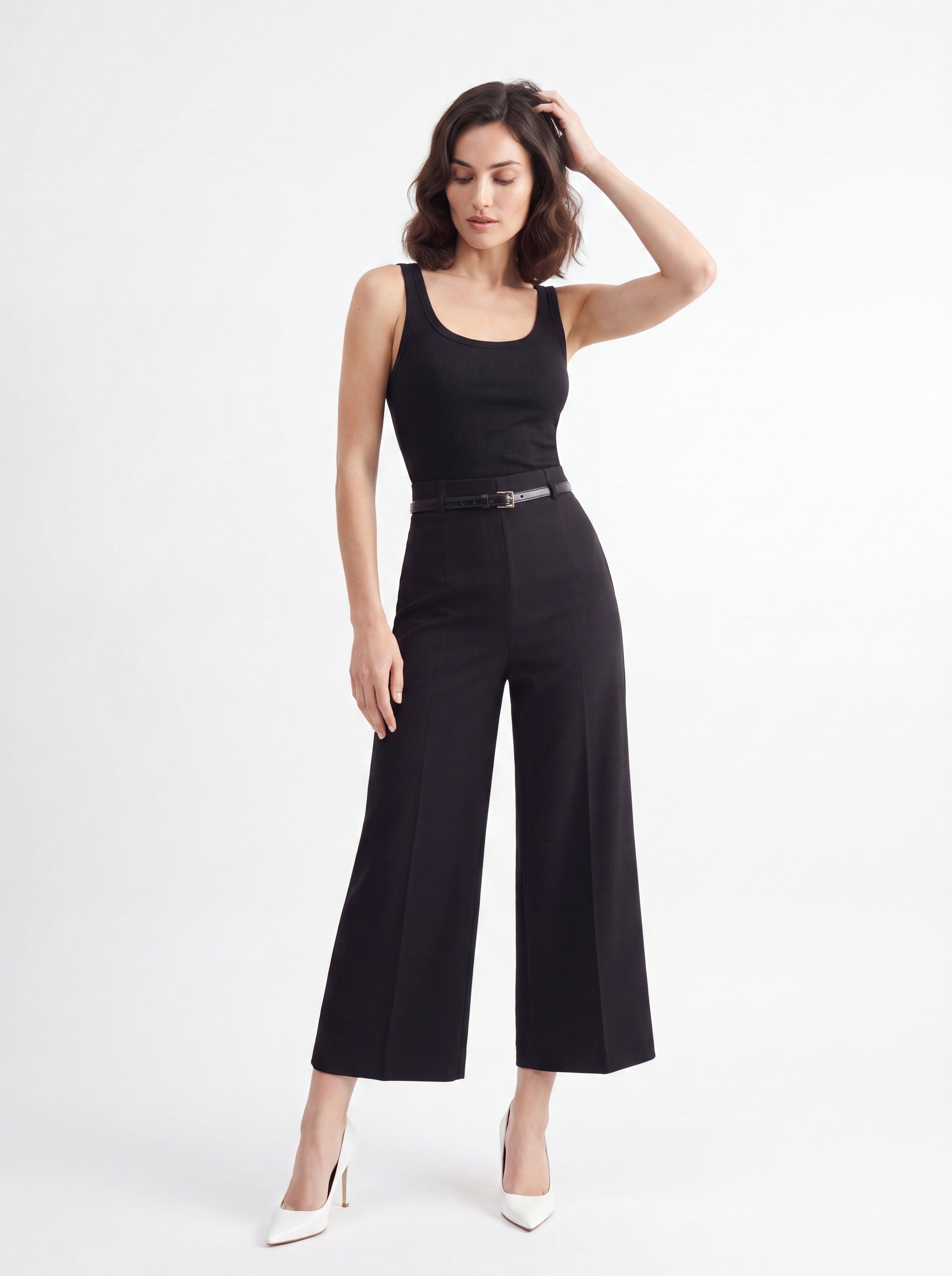 Women's Black High-Waisted Cropped Wide Leg Tailored Pants – Premium European Formal Culottes
