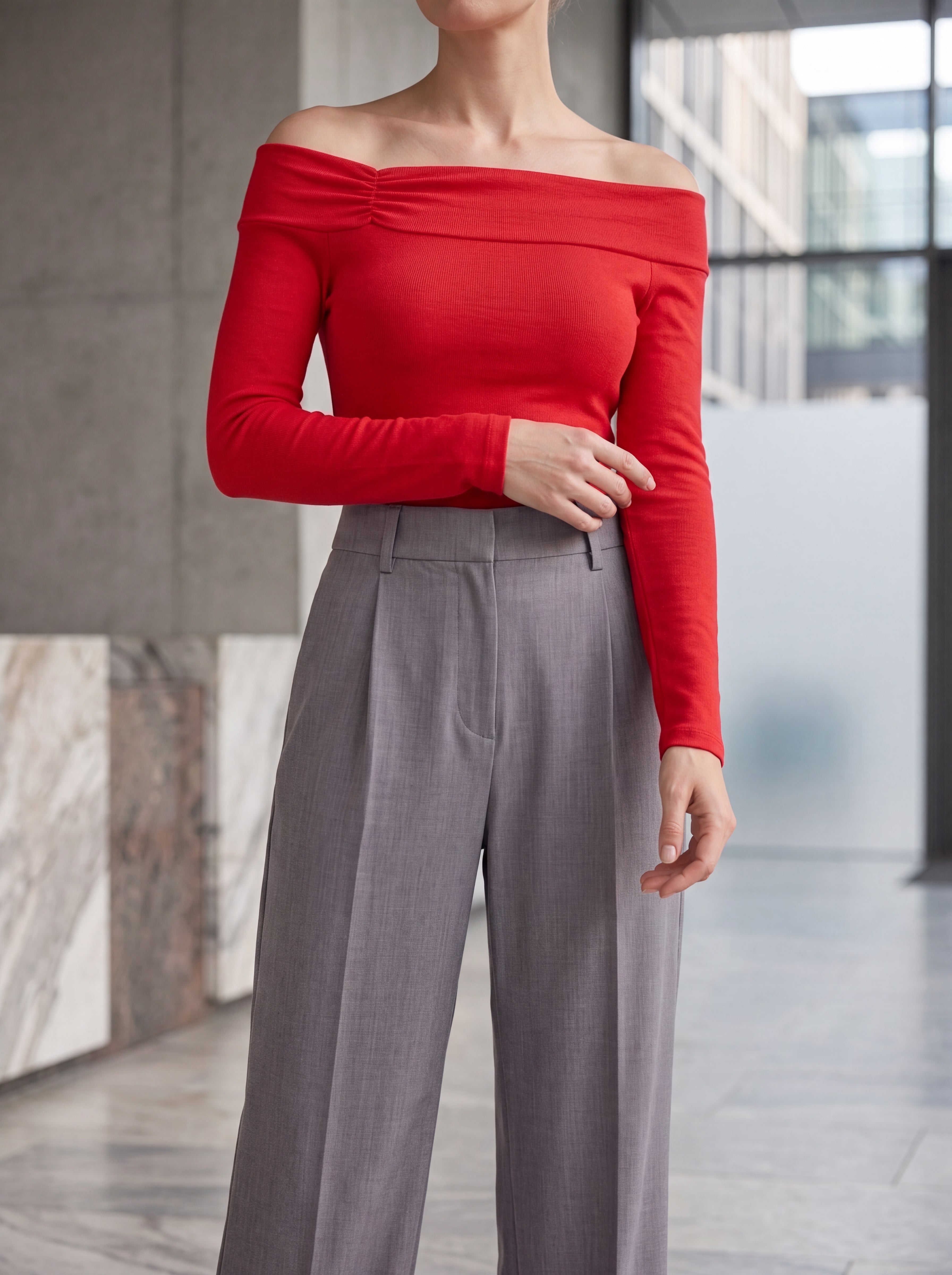Women's Red Off-Shoulder Long Sleeve Knit Top – Elegant European Fitted Top