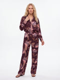 Women's Burgundy Floral Print High-Waisted Straight-Leg Trousers – Premium European Satin Formal Pants