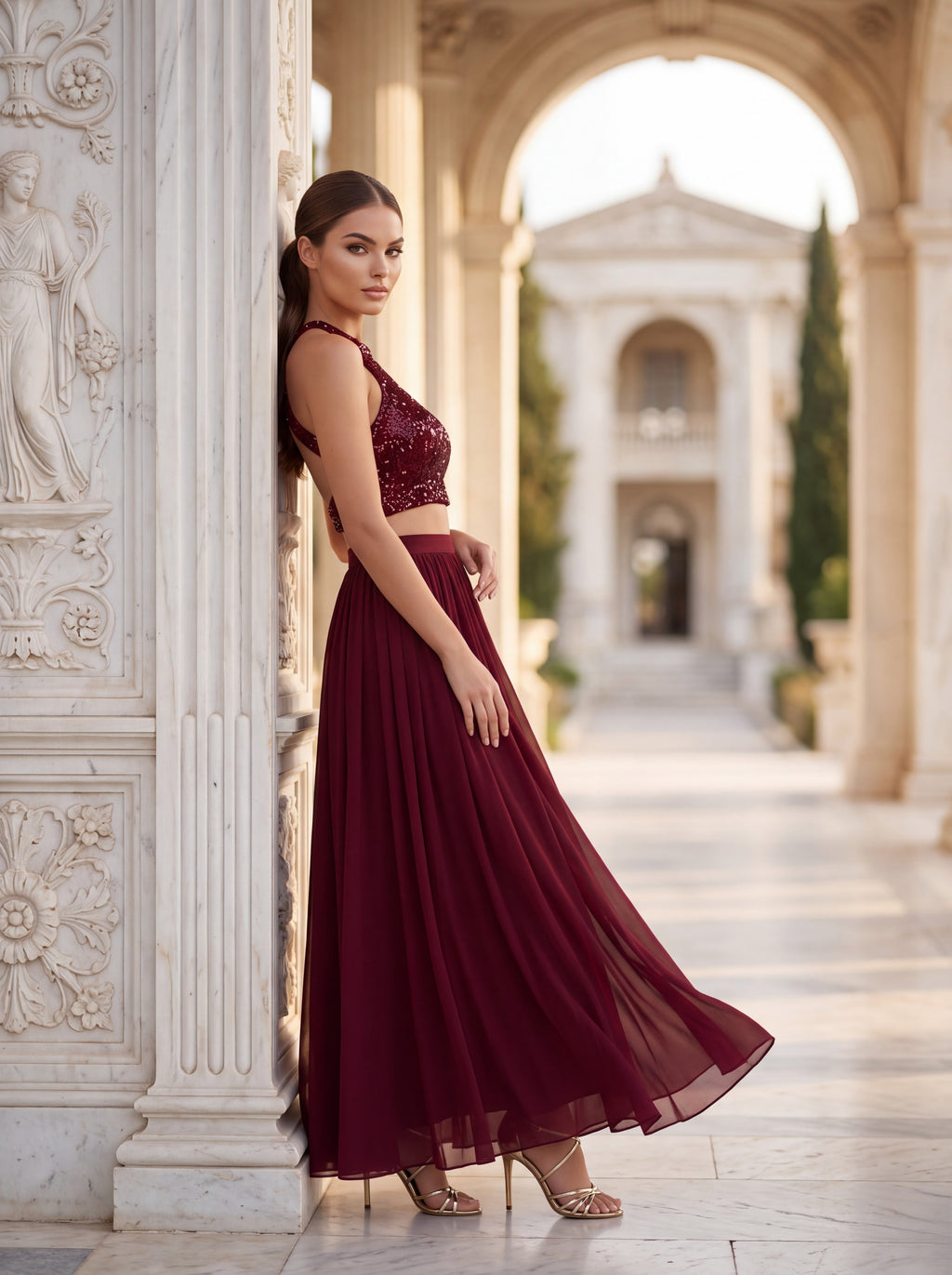 Burgundy Sequin Crop Top & Chiffon Maxi Skirt Set