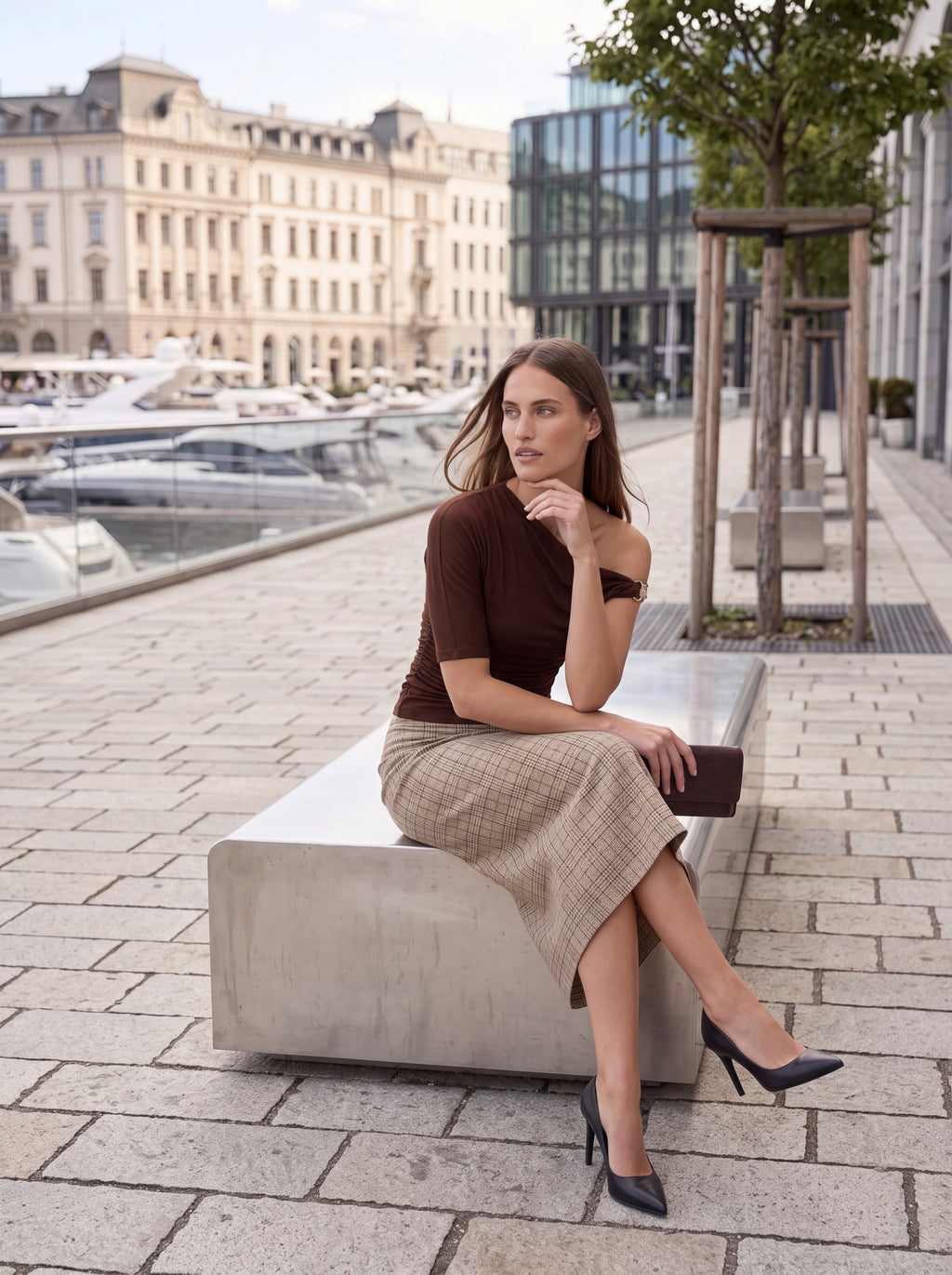 Women's Checked Pair Collection | Premium European Women's One-Shoulder Top & Midi Skirt Pair