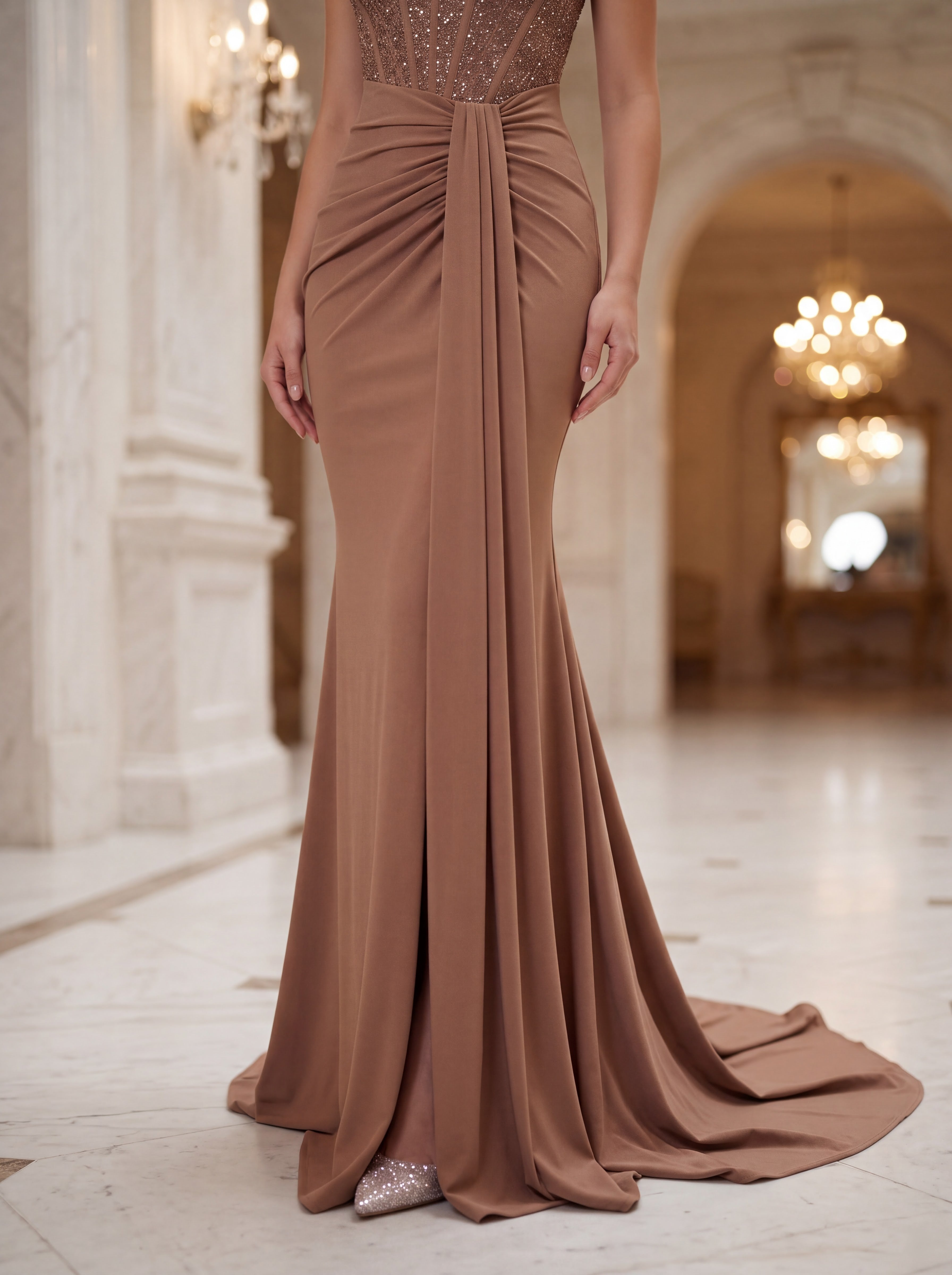 Champagne Embellished Corset Evening Gown