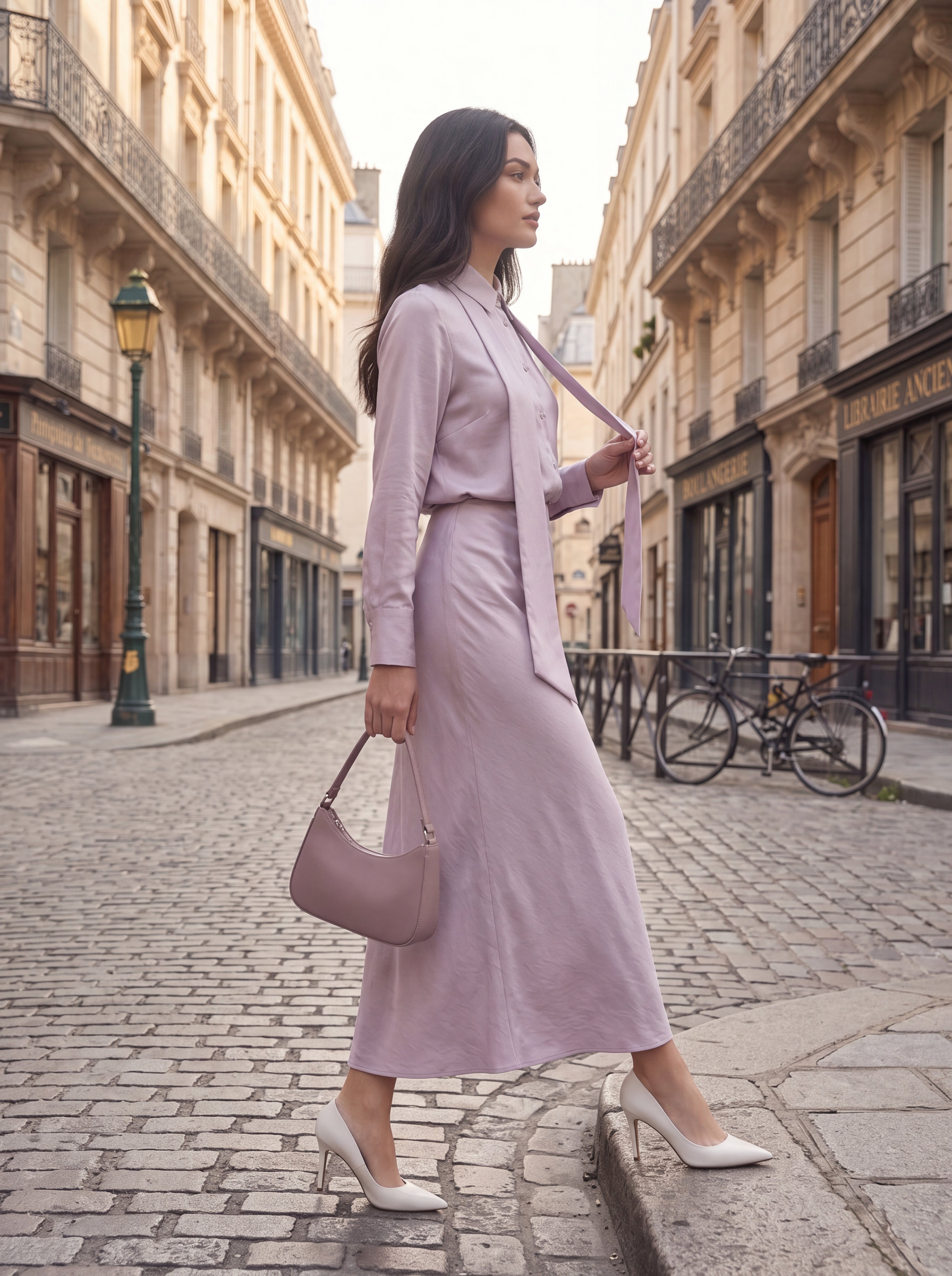 Women's Satin Blouse & Maxi Skirt with Scarf Tie