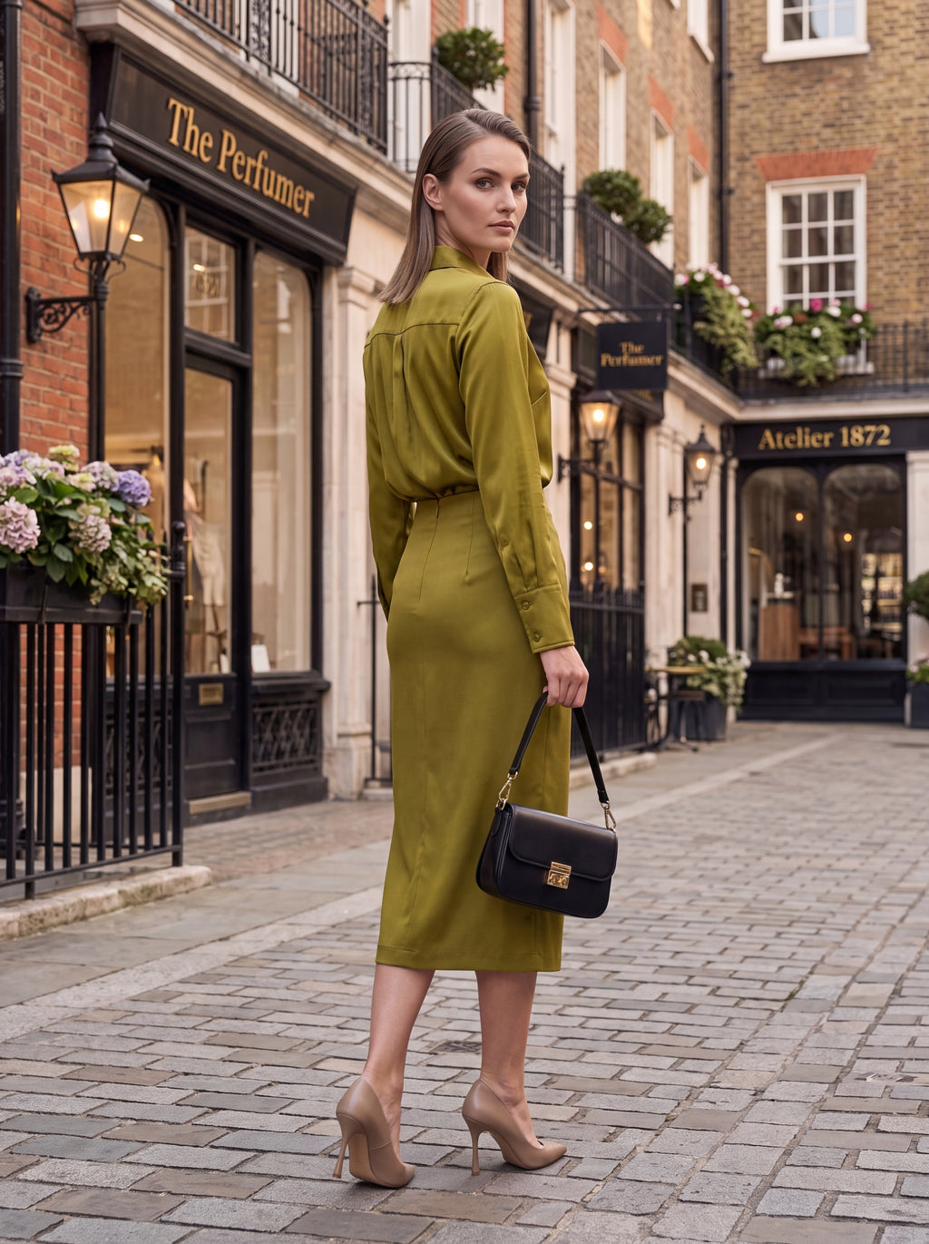 Women's Olive Satin Pencil Midi Skirt