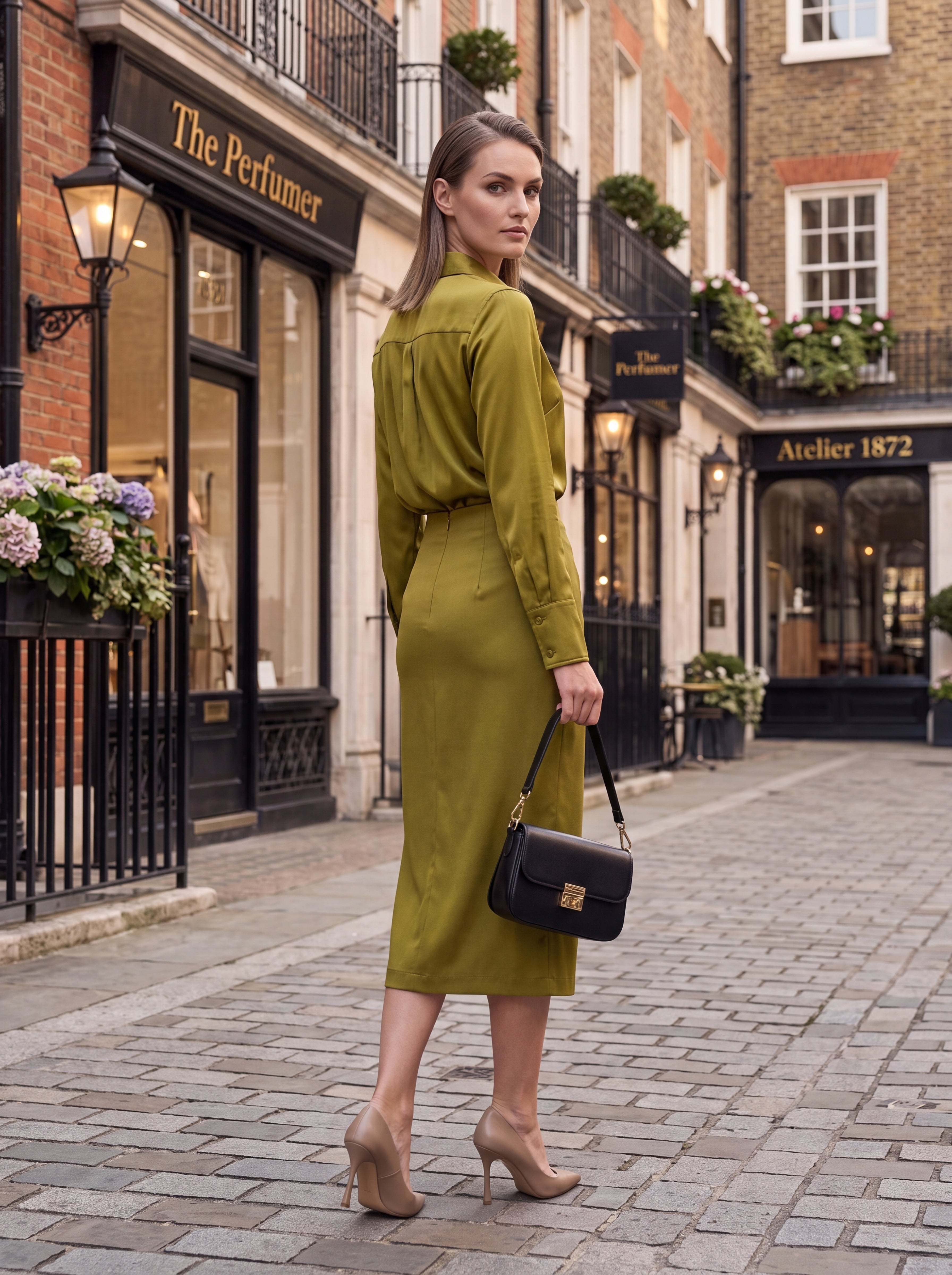 Women's Olive Satin Pencil Midi Skirt