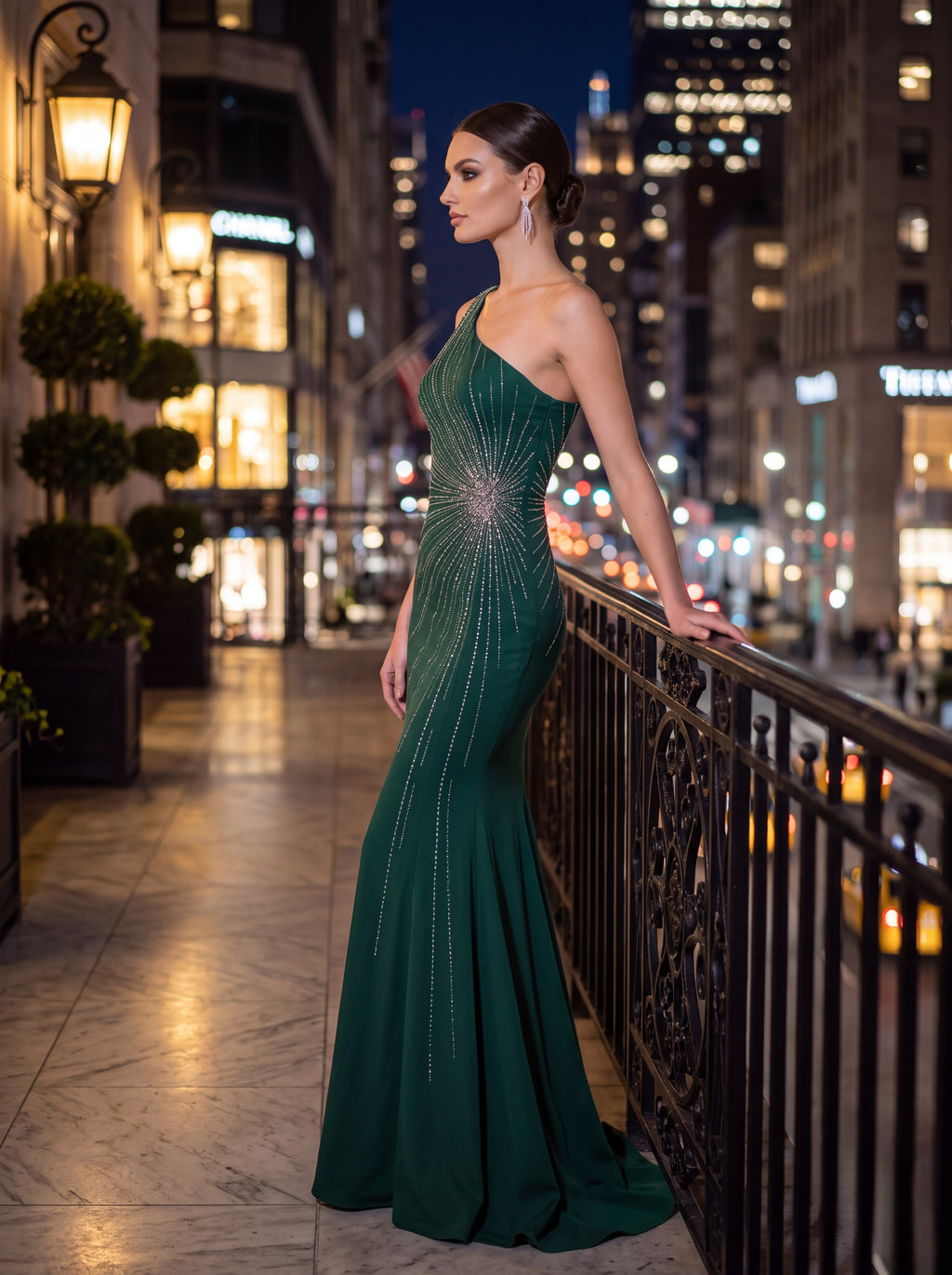 Emerald Green One Shoulder Embellished Evening Gown