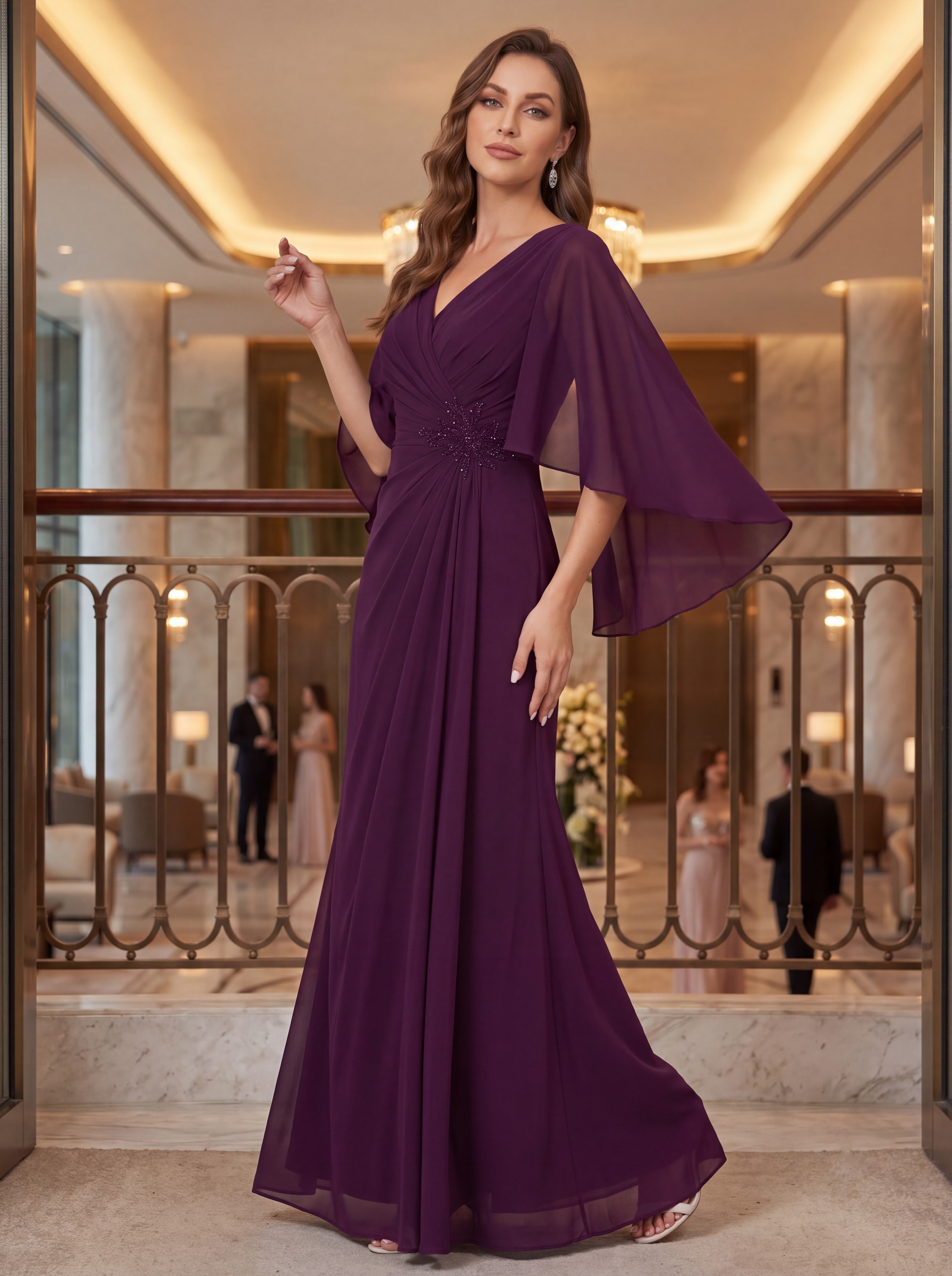 Plum Chiffon Cape Sleeve Evening Gown