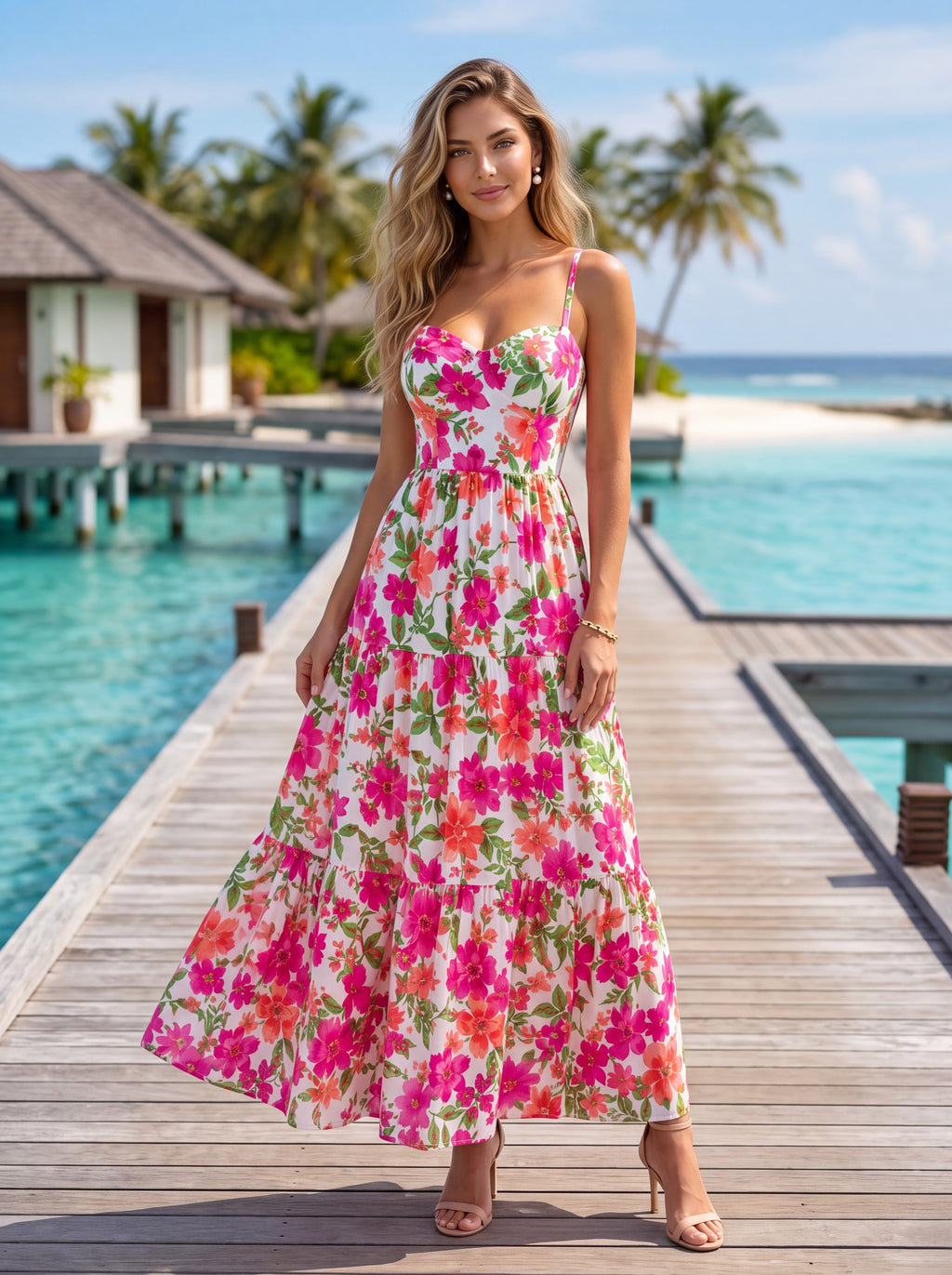 Pink Floral Tiered Maxi Dress