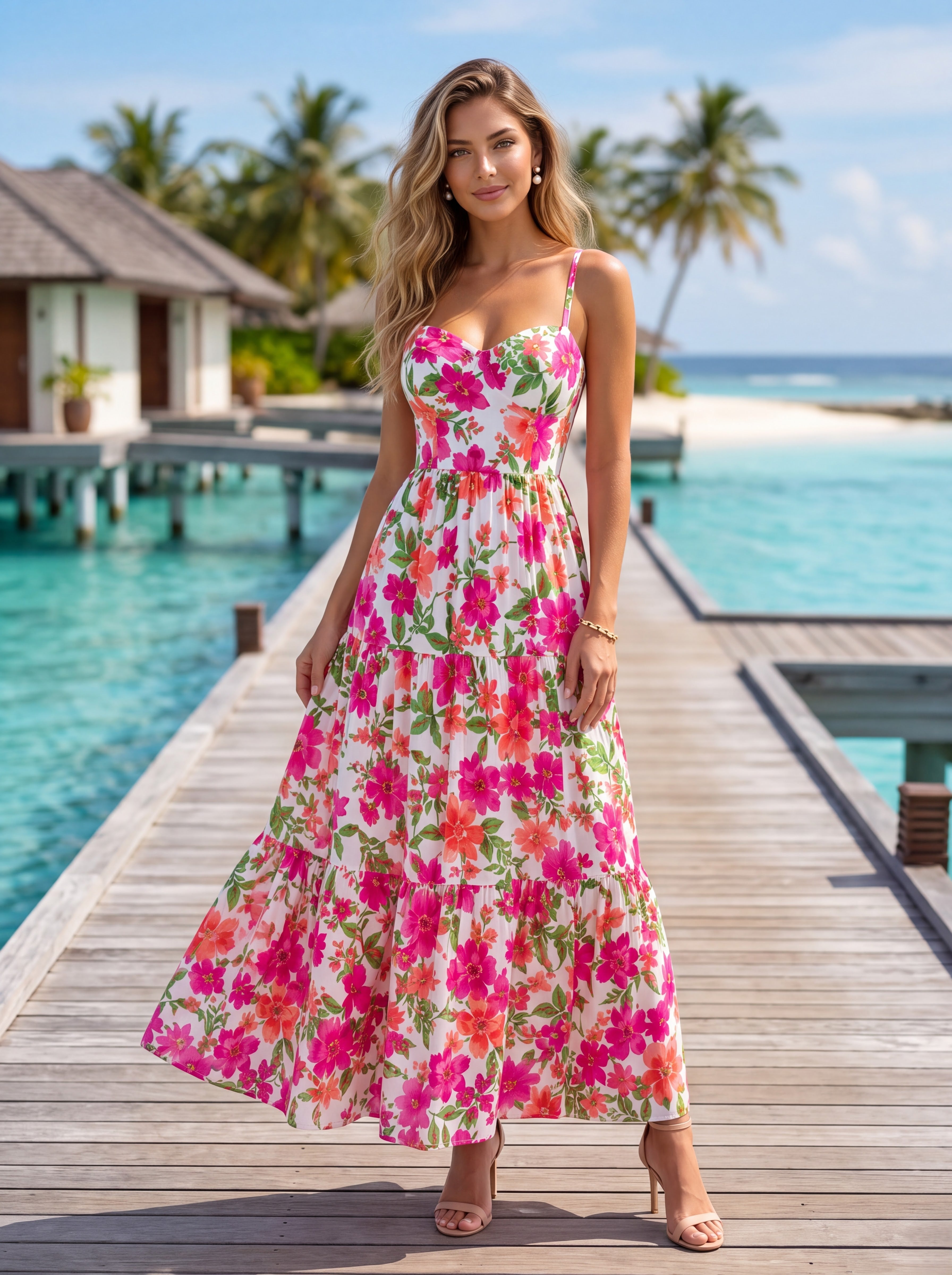 Pink Floral Tiered Maxi Dress